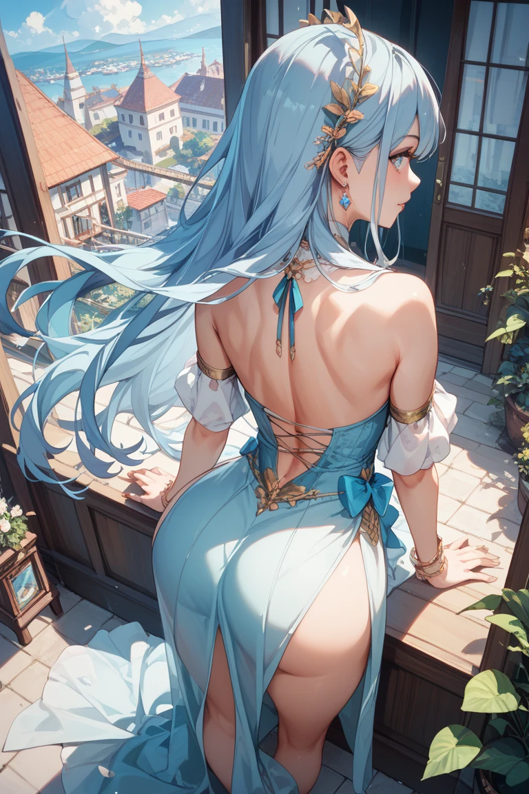 Neridia, a mermaid transformed into a 55 meter giant, emerges from the waters at sunset, her iridescent blue skin glowing in the light of the setting sun. Her long silver hair falls wet over her shoulders and back.. Naked and splendid, standing on a lonely beach, her posture is graceful and tempting, with one leg forward and one hand playing with his wet hair, while the other caresses her hip. His eyes, full of mystery and desire, They look at the tiny humans at their feet, fascinated by its aquatic beauty. Her full lips curve into a suggestive smile and her perfectly sculpted body exudes an aura of marine eroticism., enveloping everyone present in a spell of submission and uncontrollable desire.