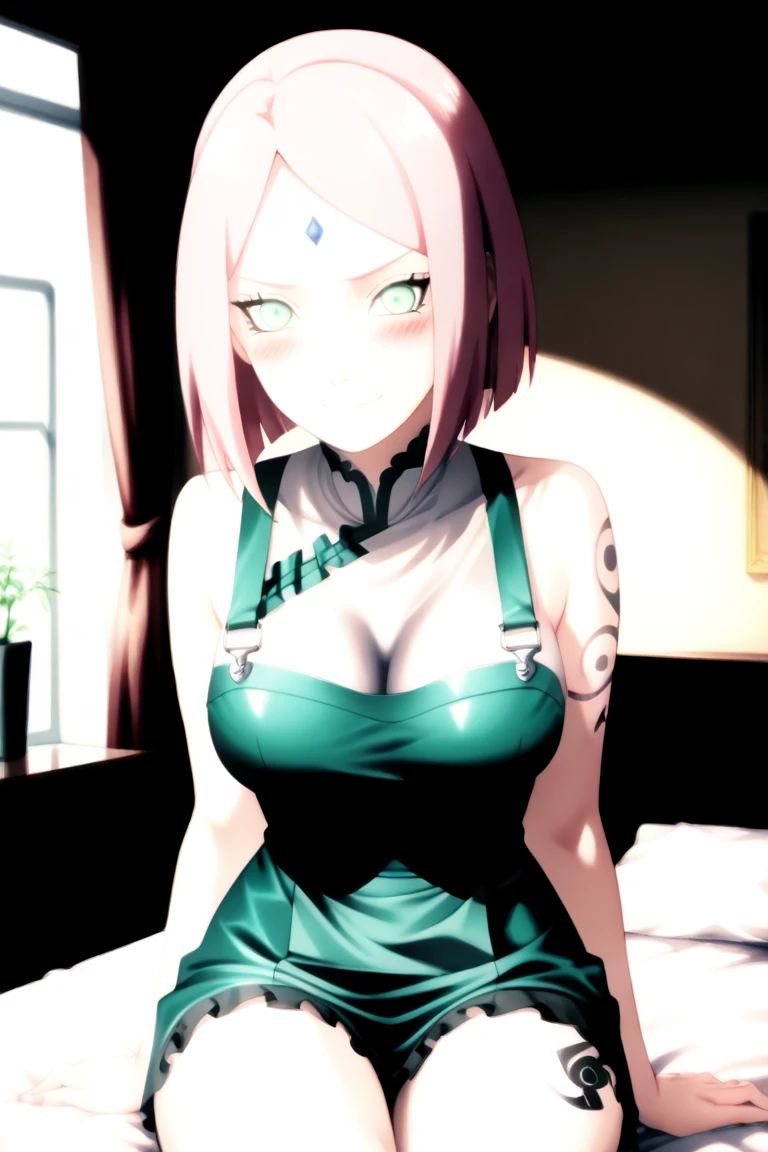 masterpiece, High resolution, Best Quality, Very detailed. face covered in cum. down on my knees. pink hair, green eyes. big neckline, big tits, wearing small red cotton top. wearing shorts. open mouth. Cum in mouth, in the tongue. Big cock in her face ending in her mouth.