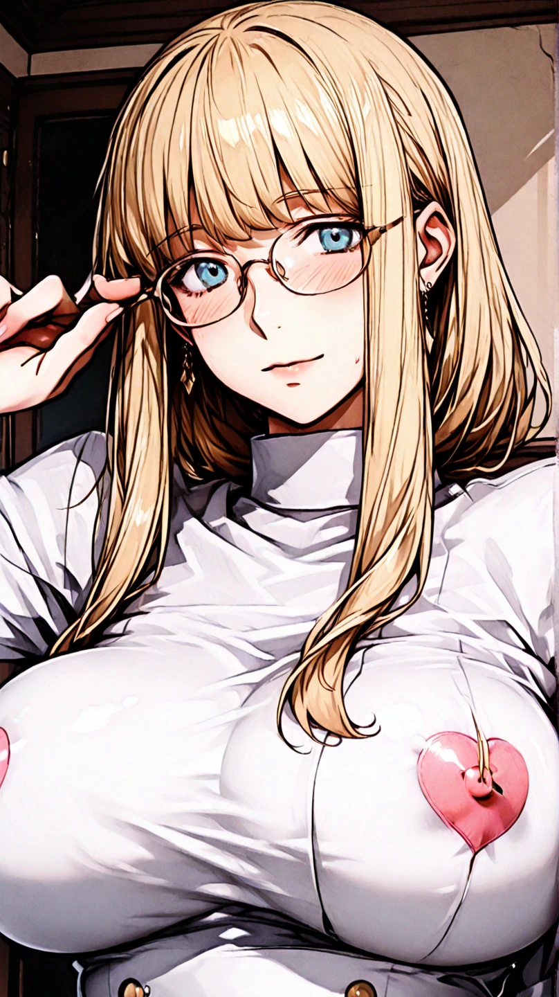 Erotic、Bedroom、naked、Glasses、A woman with a penis growing out of her crotch、semen、Sweat、、Troubled expression、Grab your dick