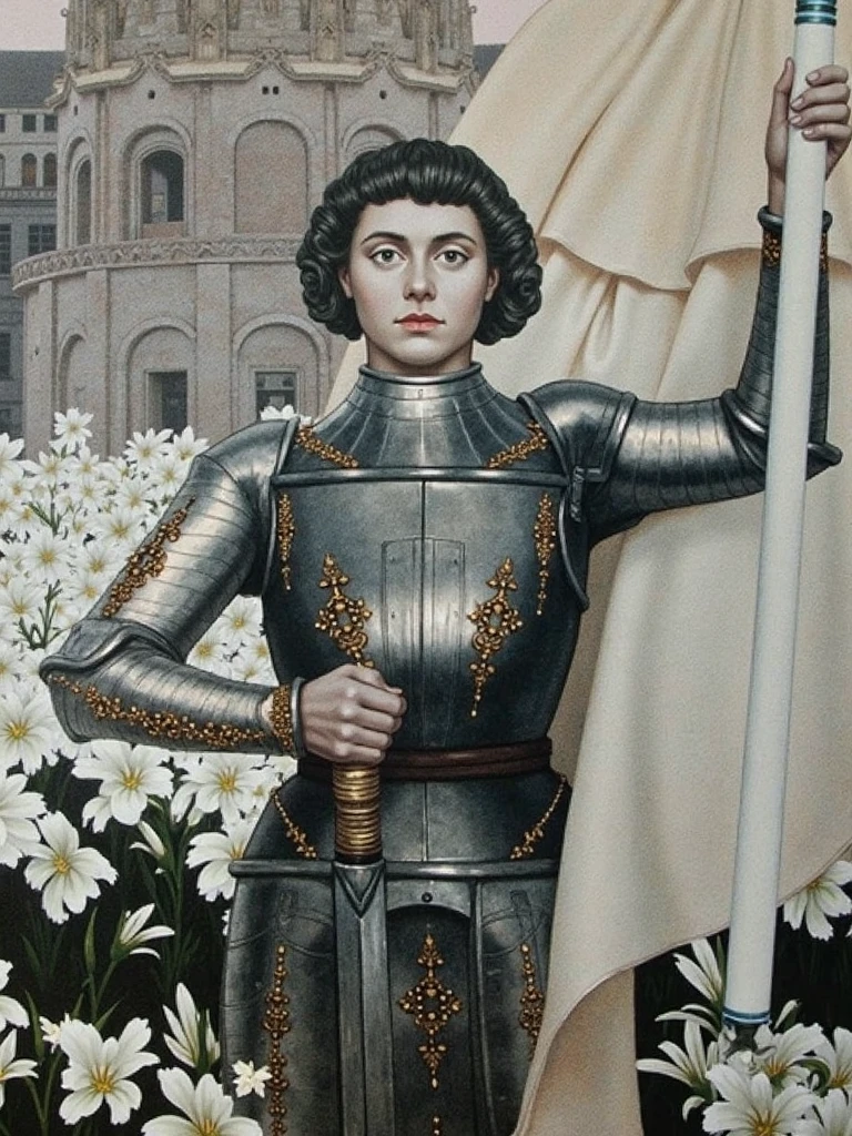 um close up de uma pintura de um homem de armadura, Joana d'Arc, Emma Watson como Joana D'Arc, retrato cavaleiro feminino, Retrato de Arya Stark, Hannah Hoch, Retrato do Paladino Feminino, Annasophia Robb como Joana D'Arc, historical artworks, pintura de um cavaleiro, closeup retrato de personagem, retrato pintado closeup, retrato medieval, Edgar Maxence --auto