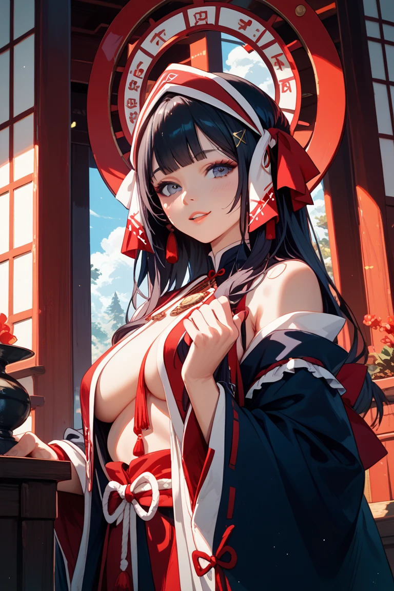 (anime style),masterpiece, best quality, extremely detailed,18Year old,tanned skin,dark skin, Beautiful body,middle breasts,BREAK,multicolored colorful black hair,absurdly long hair,for head,BREAK,black eyes,best smile,open mouth,detailed lips,BREAK,cotton black big ribbon,BREAK,heian,kimono,break,head tilt,