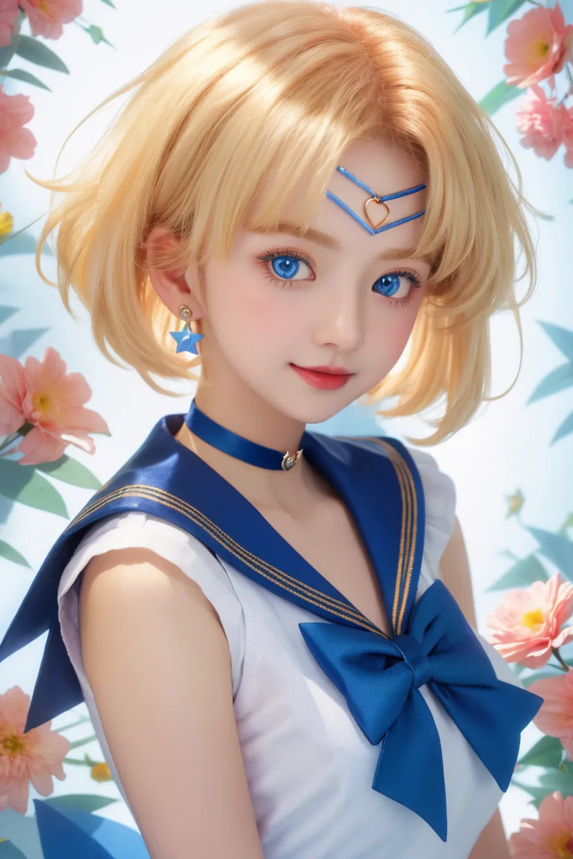 beenyou, loli,highly quality, photorealistic, 1girl, ((sailor moon)), close up, blonde hair, cute, perfect detailed blue eyes, (from below), ((small breast)),((puffy eyes)), hair,, hair color is __color__, japanese face, unreal_engine,