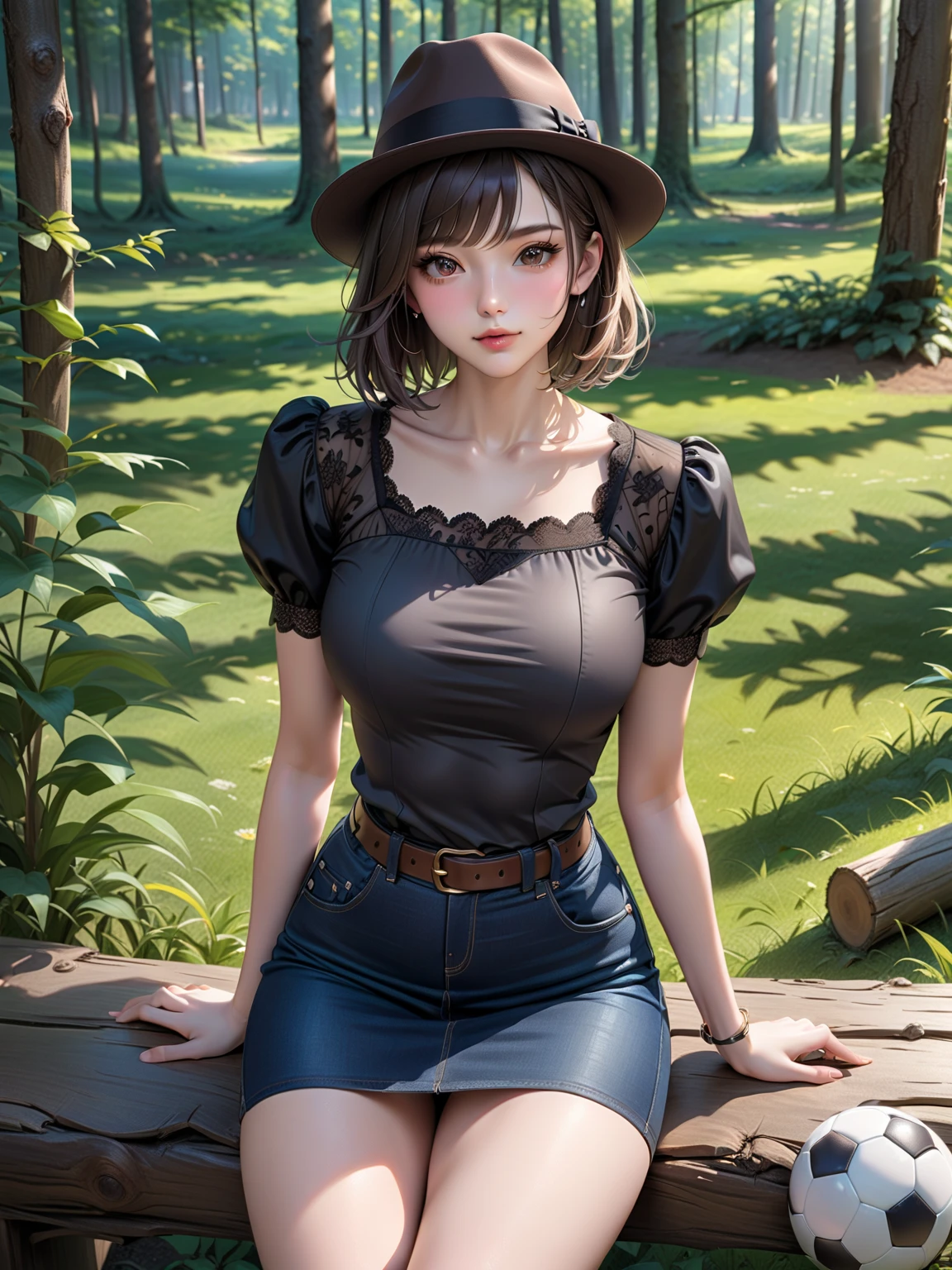 ultra realist, extremely detailed CG, 8K High Quality, Depth of field, Cinematic Light, Lens Flare, Ray tracing, beautiful lips, picture of a playful foxy woman, undercut hair, women's shirt, cute skirt, high thighs boots, amazing body, pronounced feminine feature, forest, ginger hair, freckles, flirting with camera, (full figure:0.9), exhibiting idol-like features, emerges from the depths of shadow in an extremely detailed CG Unity 8K wallpaper. Her beautifully sculpted face boasts intricate details, with ultra-detailed skin that appears almost alive, wide gap between thighs:1.6, thin waist, thin legs, paws tattoos on her breasts, Blouse:1.2, Pleated skirt with many folds, breasts pushing against her bra