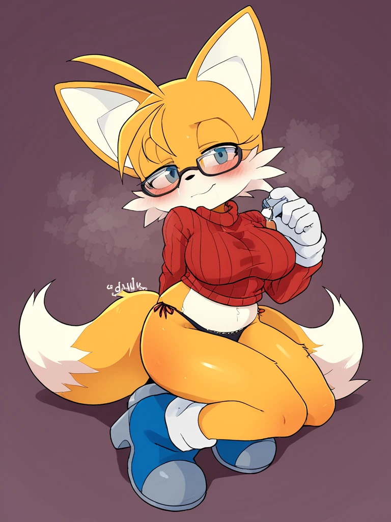 2girls, wolf and fox, furry, bodyfur, tail, collar, topless, jeans, long pants, glove, boots, chibi, sparkling eyes, sunglasses, big breasts, spread legs