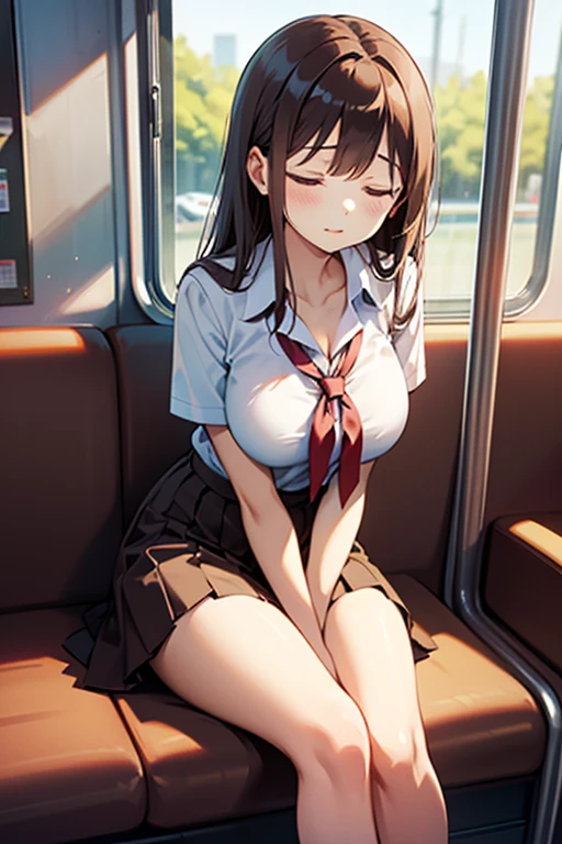 ((((pieces fly, highest quality, highest quality, 1 girl, alone, beautiful anime、detailed images))))、(((17 years old、thin、thin太もも、small chest、dark brown hair、straight、long hair、brown eyes、round eyes、Clear type、))),((((in a crowded train、Blue Sheet、seats parallel to the window)))、(((white shirt、show cleavage、navy blue skirt、Show pink panties、lift up the skirt、)))、、(((Sit in the seat、climax、、embarrassing、naughty smile、Estrus、touch crotch、masturbate、Love juice overflows、)))、NSFW、image from the knees up、