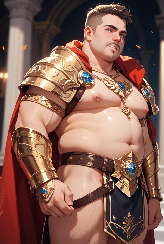 photo of a man, king frederic, a king in a medieval royal robe, cape, on a castle balcony, crown, best quality, masterpiece, highly detailed, realistic, (detailed background), depth of field, soft focus, intricate details, 8k, cartoon, 3d, (huge-muscles), (large pectorals), (puffy nipples), dynamic pose, dynamic angle