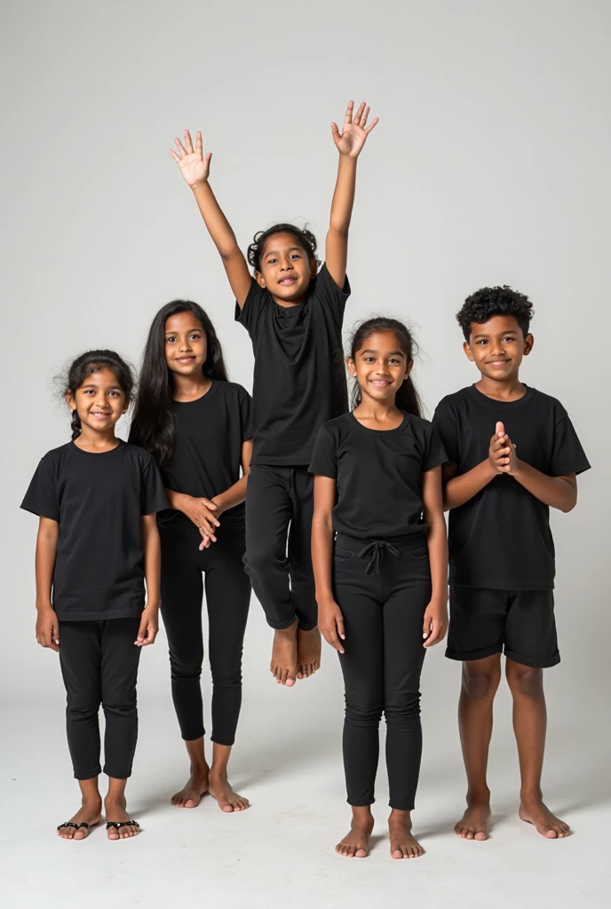 A group of five latina 10 years old Little girls , standing, barefeet, grey yoga pants, black shirt, smile