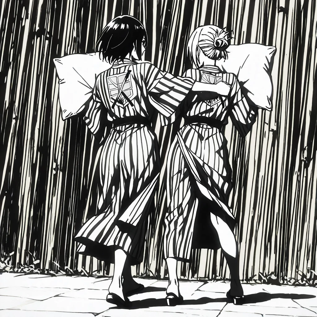 masterpiece, top quality, vibrant, Very Aesthetic, high contrast, semi-realistic, Newest, Full body shot Attack on Titan。２women（Mikasa Ackerman,Annie Leonhart）、Ryokan、Yukata、Pillow Fight、Open clothing