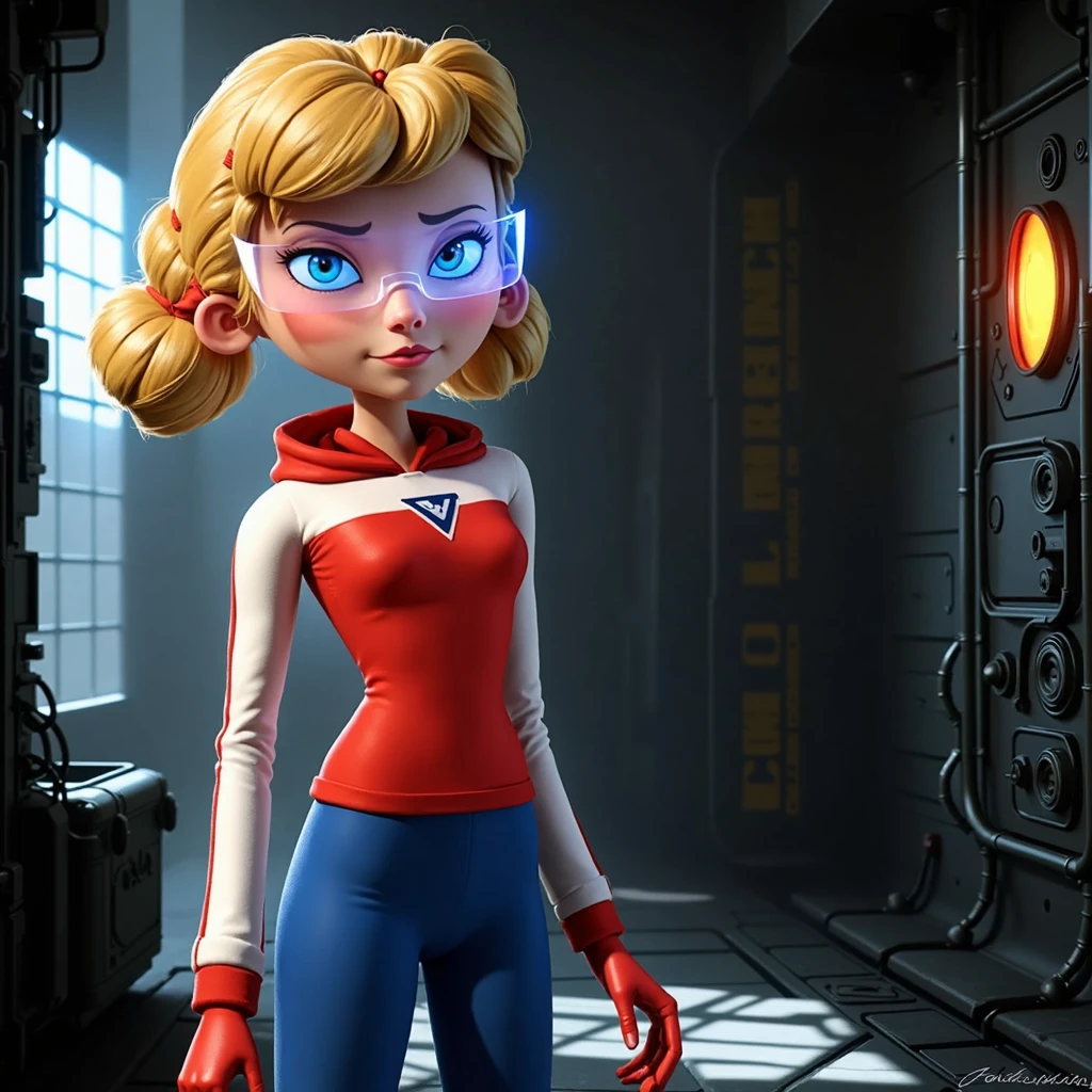 masterpiece, best quality, ultra_detailed, highres, absurdres, 1girl, <lora:penny_gadget_2015_xl_v2-000001:1> pennyg2015, blue eyes, red sweater with white sleeves, blue pants, red fingerless gloves, red shoes, blonde hair, double bun, cyberpunk glasses, cyan (glowing:1.25) led glasses, close-up, detailed face, solo, alone, standing, underground lab, dark room, (covered in shadow, dark:1.5), futuristic, sci-fi, toon \(style\), ultrahigh resolution textures, dim lighting, caustics, <lora:Cyberpunk_Glasses_-_SDXL:1>