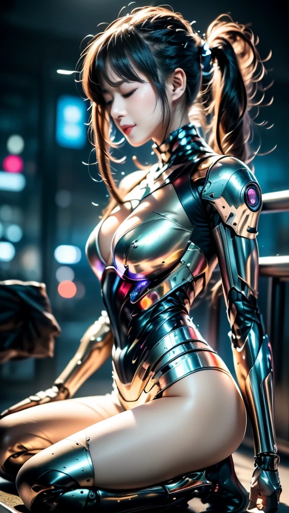 Complex 3D rendering of ultra-detailed porcelain girl, 1 girl, (natural skin texture, actual eye details:1.2), part, beautiful soft light, rim light, Vibrant details, Luxury Cyberpunk, hyperactual, anatomical, face muscles, Cable wire, microchip, elegant, beautiful background, octane rendering, apple style, 8k, best quality, masterpiece, illustration, extremely delicate and beautiful, CG, Unite, wallpaper, (actual, photo-actual:1.2), Astonishing, fine details, masterpiece, best quality, official art, extremely detailed CG Unite 8k wallpaper, Extremely ridiculous, sexy, Mechanical skeleton, Android, Surrealism, Doomsday wasteland, (high-tech prosthetics:1.2), Fluffy black short hair, Perfect body, Navy blue glowing cyber ship