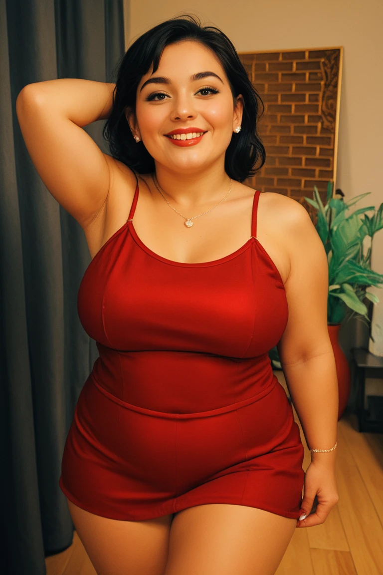 Betty boop, chubby, large chest, thicc thighs, red dress, sitting on couch