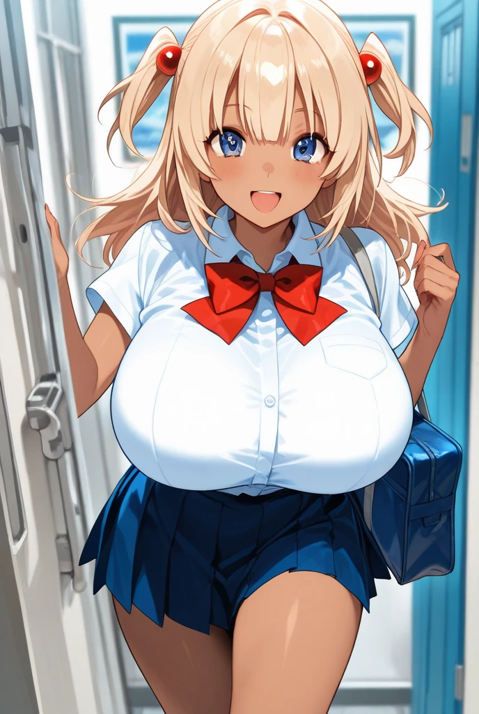 A Cute Girl, and now (her Thighs have Significantly Overinflated to Uncomfortably Huge extremes), and now (Her Breast size has TRIPLED), (Biggest Thighs), (Bustiest, Biggest, Largest Breasts), A Fully Over Developed High-School Girl, Standing in the school hallway, ((Extremely Embarrassed)) from her barely being contained by her increasingly Tight School-uniform, Her Breasts and Thighs are just TOO Absurdly Huge, Her body is just TOO excessively Overly Thick,