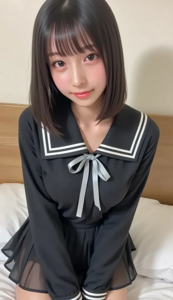 masterpiece, Highest quality, figure, Very detailed, The finer details, High resolution, 8k,wallpaper, Perfect dynamic composition,(Detailed high quality, Realistic depiction of eyes:1.3), (Three Girls), Black Sailor Suit, Seraphim, Navy Pleated Skirt, Sitting, Leg spread, Short Bob Hair, In the background a hotel room, Deep in the field, Large Breasts, Black hair color, Big Natural Color Lip, (Perfect figure), Crying a little、Harajuku Style、20-year-old girl、Cute type、Beautiful feet, Idol Sculpture