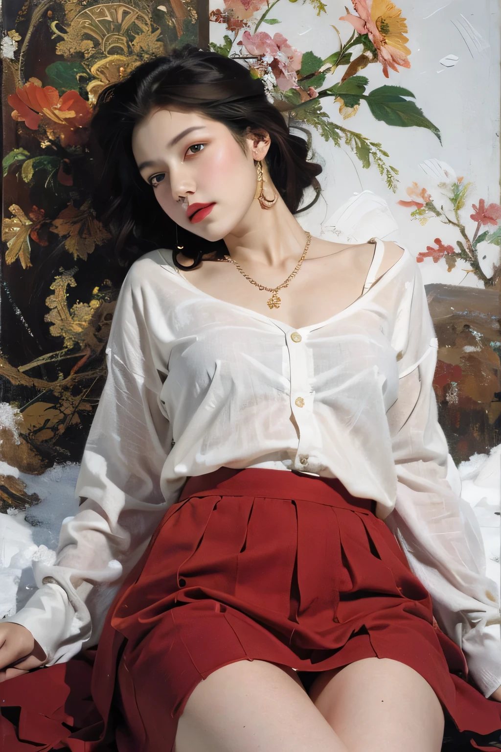 (masterpiece:1.3), (8k, Photorealistic, RAW Photos, Best image quality: 1.4), Japanese, (1 girl), Beautiful Face, (A vivid face), (short hair:1.3), Beautiful Hairstyles, Realistic eyes, Beautiful Eyes, (Realistic Skin), Beautiful Skin, charm, 超A high resolution, Surreal, High detail, Golden Ratio, Detail Makeup,Seeing the viewer,Big Breasts、Sexy blouse、Business Pants、office、Trim pubic hair、((whole body))、(Looking this way、Turning his body towards me、front、forward leaning posture、munechira:1.3)、(The bra is slightly visible、Brasilia:1.3)、(White shirtを着ている、Round neck shirt、A shirt with a slightly open chest、White shirt:1.8),(Beige underwear、Red floral embroidered underwear)