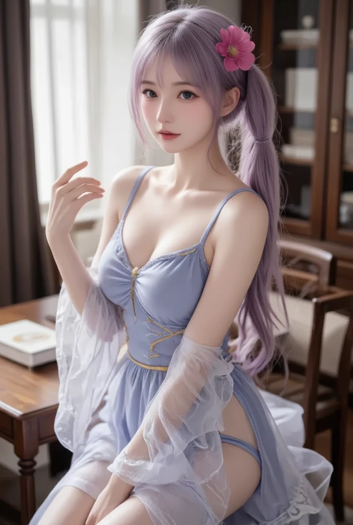 Masterpiece, best picture quality, high quality, beautiful woman, Japanese, popular Korean makeup, detailed, swollen eyes, detailed eyes, detailed skin, beautiful skin, ultra high resolution, (reality: 1.4),very beautiful, slightly younger face, beautiful skin, slender, (ultra realistic), (illustration), (high resolution), (8K), (very detailed) (best illustration), (beautifully detailed eyes), (super detailed), (wallpaper), (detailed face), looking at viewer, fine details, detailed face, pureerosfaceace_v1, smiling, looking straight ahead, looking straight ahead, angle from waist up, realistic photo, bright lighting, professional lighting, (white hair), long hair, dark ruins, gorgeous white and purple dress, mature woman, long stylish bangs,