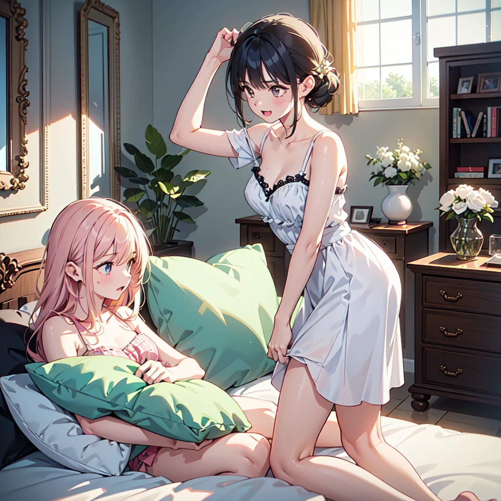 Two women in lingerie are sitting on a bed, wlop and sakimichan, 2. 5 d cgi anime fantasy artwork, artwork in the style of guweiz, guweiz on pixiv artstation, guweiz on artstation pixiv, guweiz, 8k high quality detailed art, anime fantasy illustration