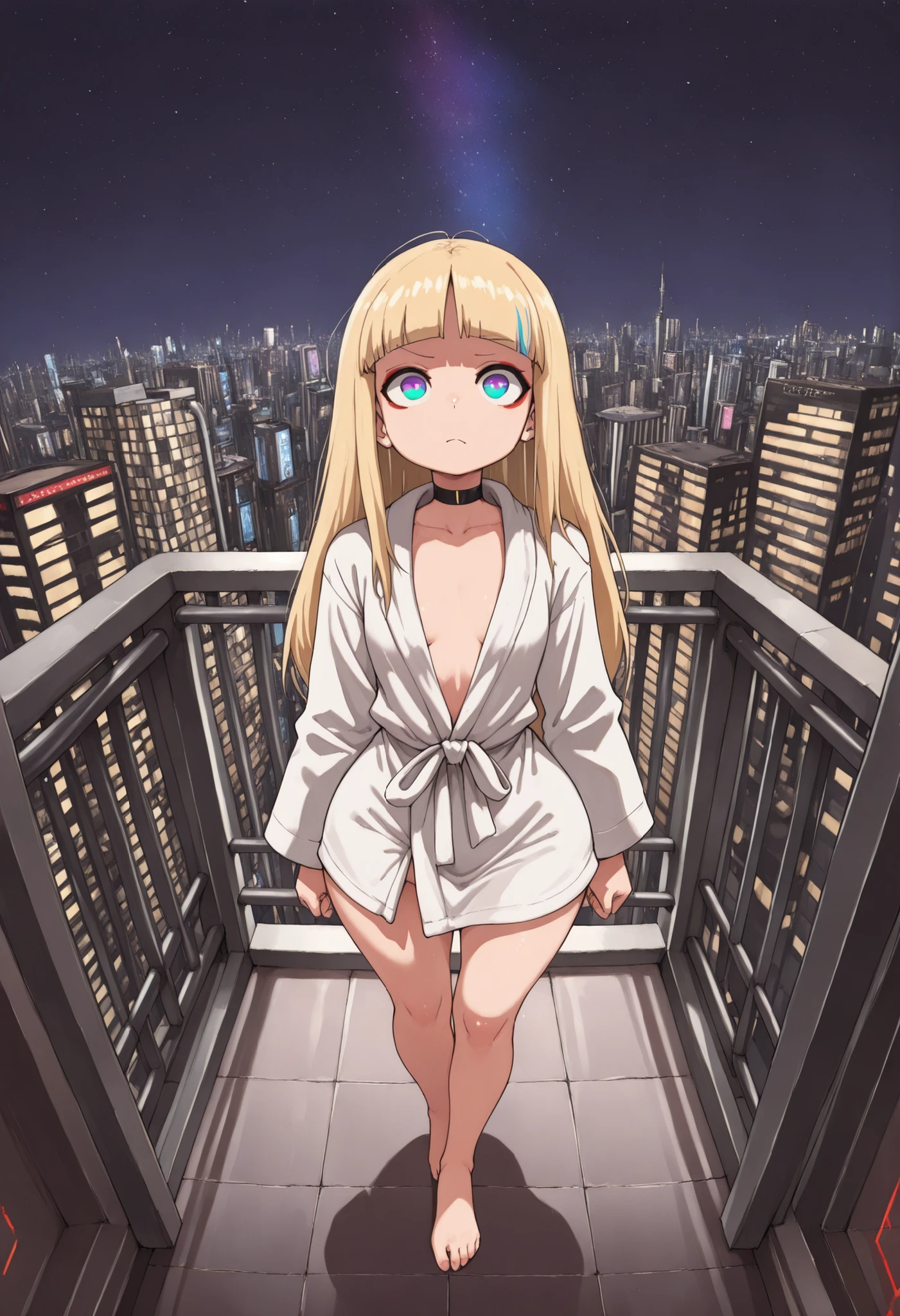 ((masutepiece)), ((Best Quality)), (Ultra-detailed), ((Extremely detailed)), 4K, (8K), Flat color, heavy outline, sharp outline, 1girl in, Solo, Side view, profile shot, Amazingly cute girl of 13 years old, Light brown French braid hair with bangs, yellow bikini and jacket, under the boobs, Computing in a cyberpunk style bedroom, view from round window, rainy evening, Neon glow