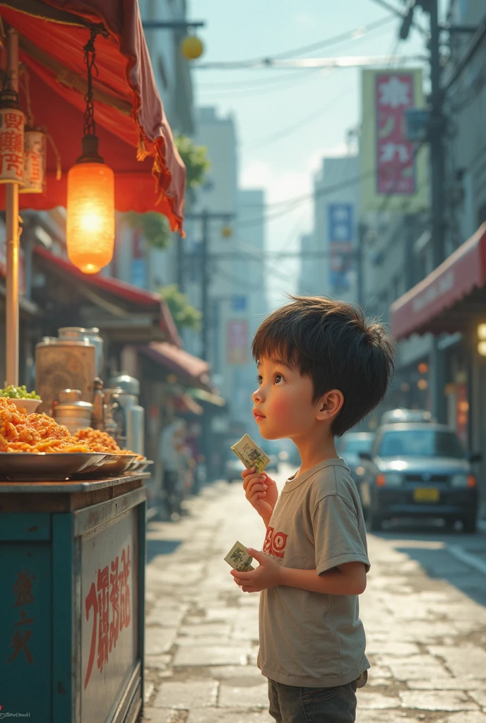 Tired boy pushing street food cart
