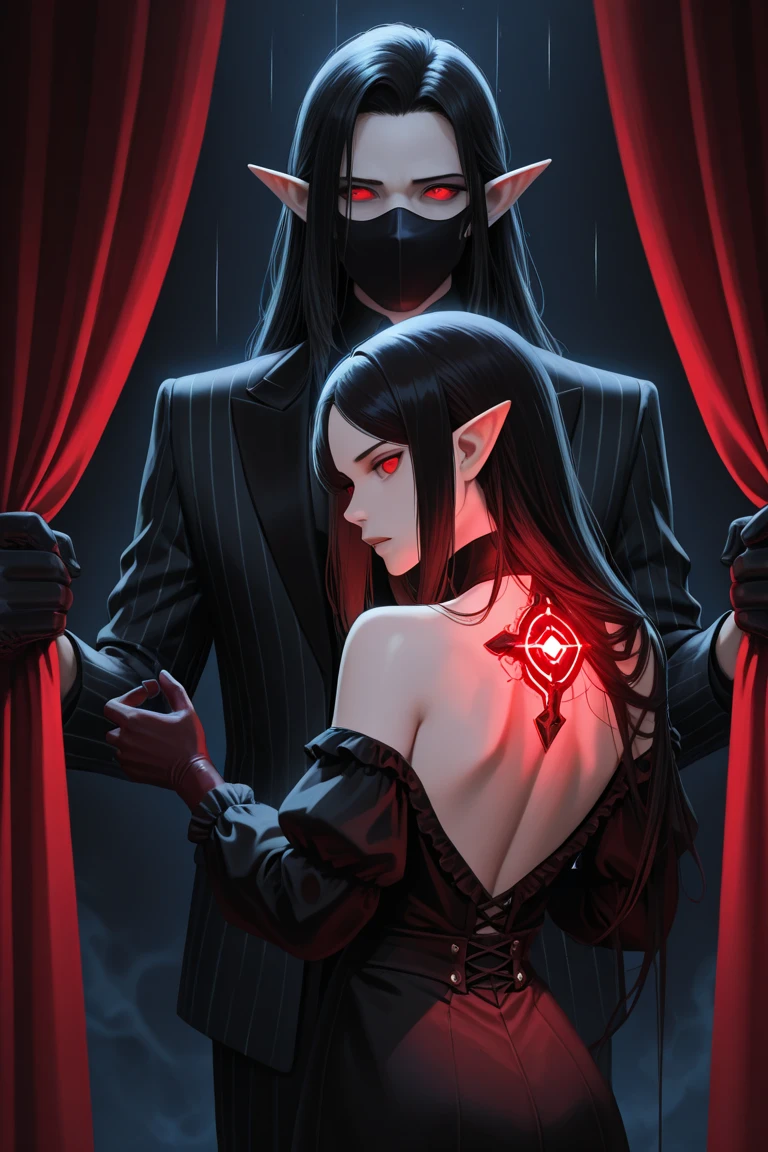 NSFW, black hair woman, straight with elegant red dress, kneeling in front of a tall man in a suit who grabs her hair tightly