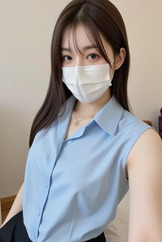 Wearing a one-piece dress、(（Medium Hair、Wearing a mask、Small breasts:1.3)、、(Highest quality、8K、32k、masterpiece、Best Quality）)、Japanese、Very cute child、beautiful girl、Bright smile、Glowing Skin、Blurred Background、whole body

