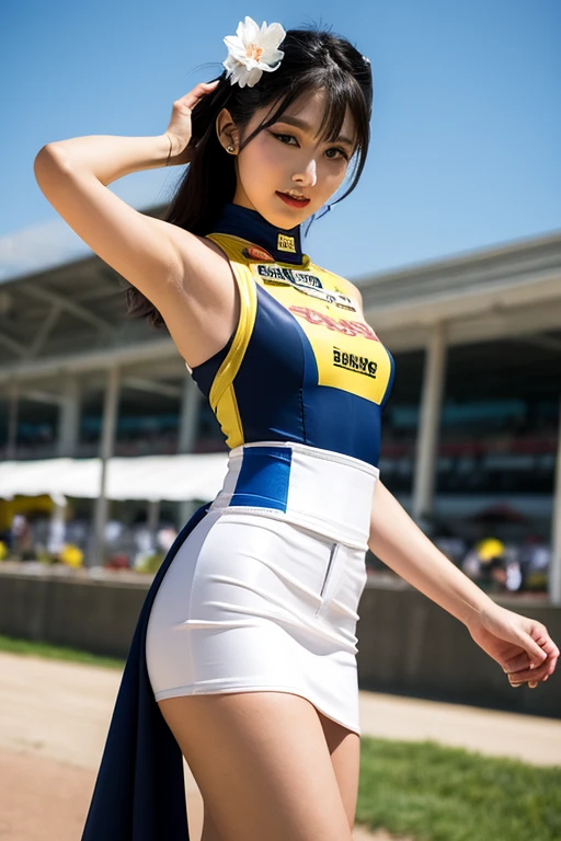Best Quality, 1womanl, very curvy, (rather large breasts, cleavage of the breast)、stoic, dark brown hair, bobhair、racing suit, Full lips, Seductive, Mature、skirt by the、Race Queen、A slender、 masterpaintings, best qualtiy, Photorealsitic, ultra-detailliert, (shinny skin:1.4), slender,dynamic light and shadow,hight resolution,Sharp Focus、A slender、(thick thight),Skysky、Grid Girl, underboob, Wear the grid_Girl costume printed with sponsor's logo, (Stand in a motorsport race)+ left hand on waist、((Angle from below))、Blur the background