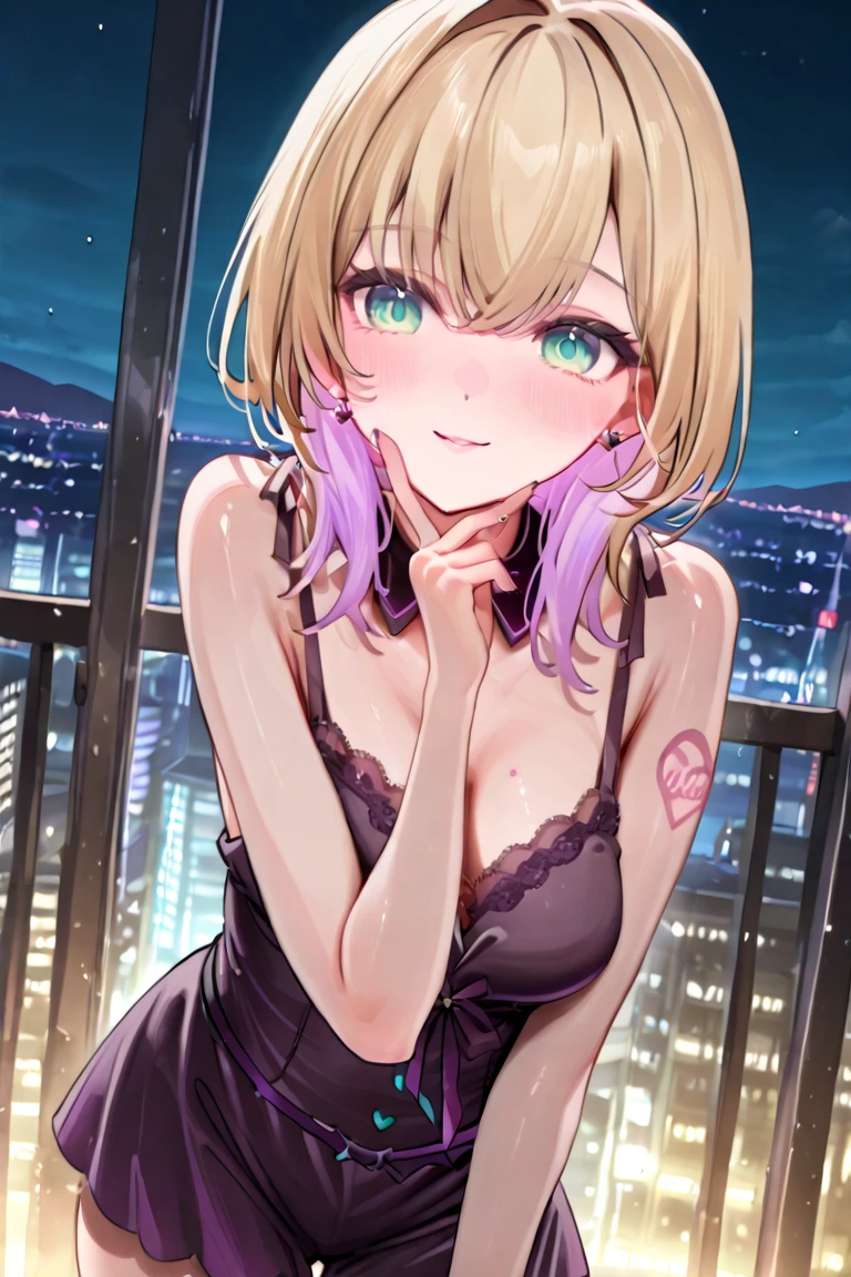 (Selfie Shot, From above:1.4), big breasts, bountiful breasts, neckleace profundo, (Half Body Posttrait:1.4), (((red rose tattoos on arm and shoulder:1))), beautiful red rose tattoos, RAW UHD portrait photo of a 24-year-old blonde (Blue eyed woman) walking down a dark alley, natural breasts_b, night city background, (red sun dress), (neckleace), detailded (texturas!, body hair!, Glow Up, Farbe!!, Imperfections:1.1), highly detailded glossy eyes, (Looking at the camera), specular lighting, dslr, ultra quality, sharp focus, thank you sharp, dof, Film grain, (centred), Fujifilm XT3, clear as crystal, center of frame, cute face, sharp focus, street lamp, neon lights, bokeh, (dimly-lit), subtle, at night, (Night sky) detailded skin pores, greasy skin, suntanned, intricate eye detail, ((deep cleavage 1.8, oily skin, oily body, huge perky breasts, curvy, hands on waist, ))(erotic smile)) cameltoe 1.8, kneeling, purple dress,