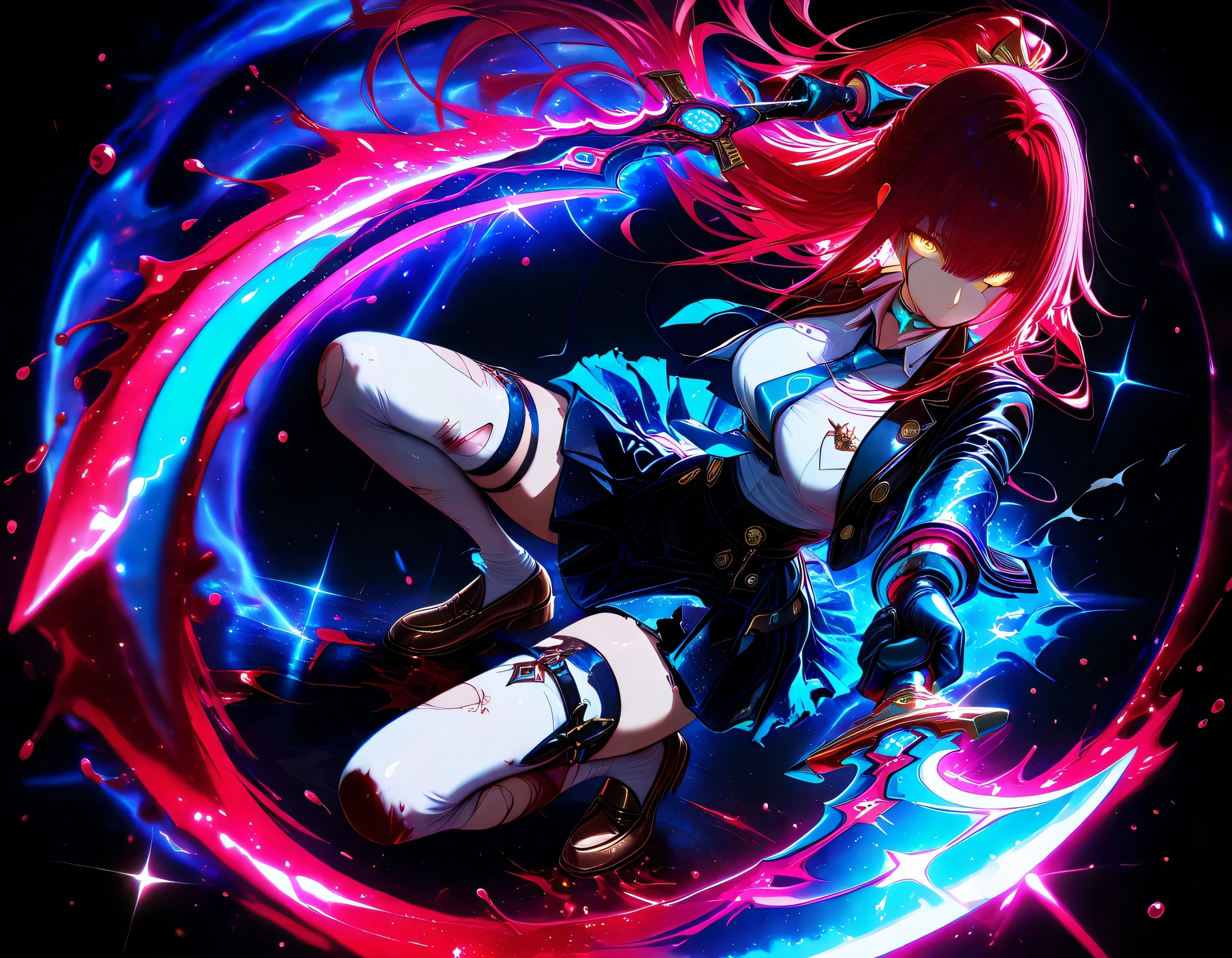 neon art, neon lineart, colorful neon lineart, neon silhouette, silhouette, neon colors, glowing, glow effect, bright outlines, vibrant colors, high contrast, dark background, digital art, extreme perspective、upside-down, backflip、Whole body expression, 1 girl , golden eyes , very long hair , long sidelocks, red hair ,half updo, petite , very cute , beautiful ,Straight hair, cool, handsome, hair between eyes, sexy, medium breasts , white lace choker, school uniform, neon trims, white shirt, marine blue necktie, marine skirt, intricate white thighhighs, brown loafers, torn clothes, scratch, solo, glowing eyes, looking at viewer, dynamic shot, dynamic view, dynamic pose, (holding dagger), crouching, foreshortening, bokeh, glittering, sparkling, blood splash, bloody, blood, blue theme, (((black background)))