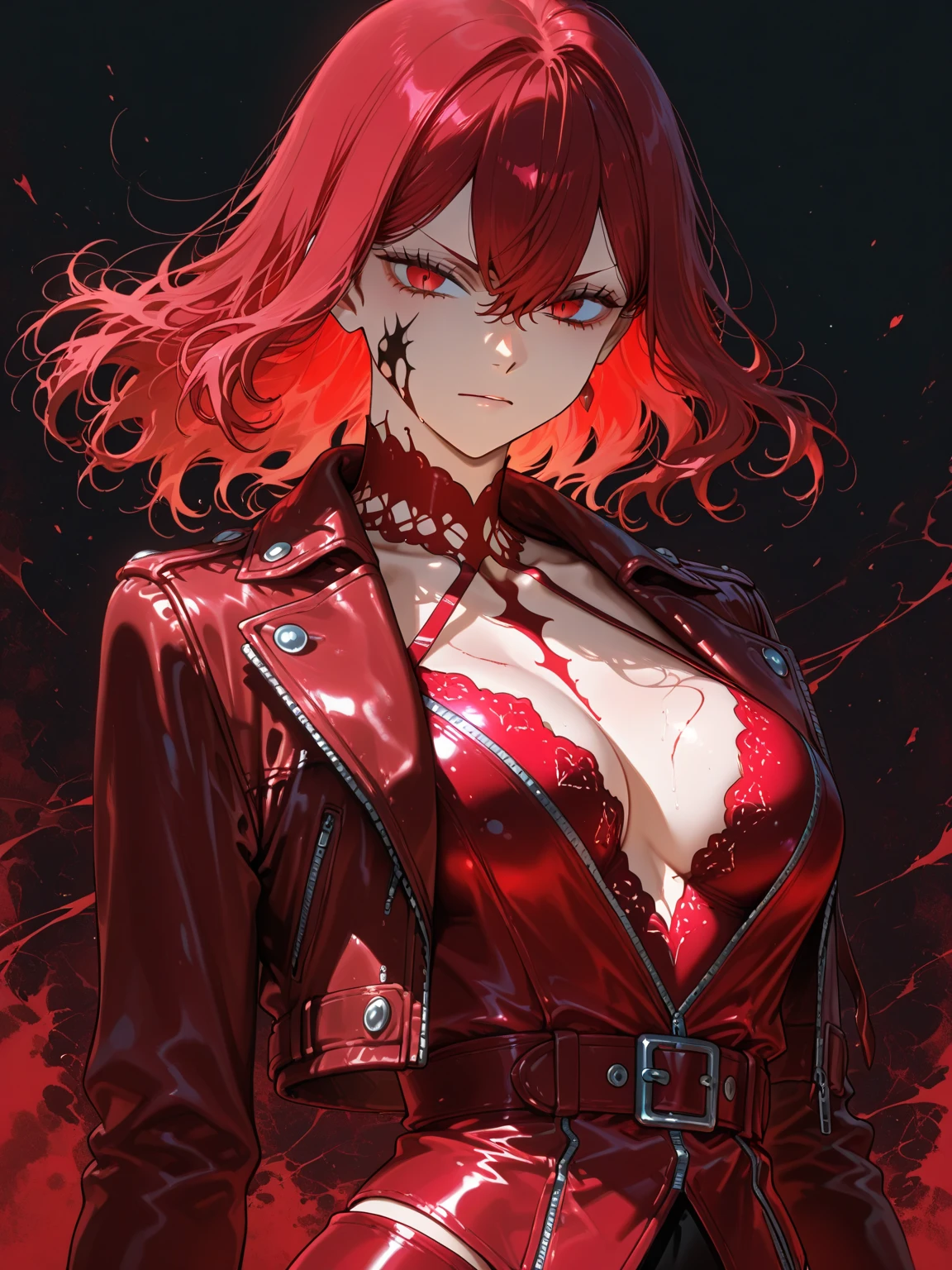 girl, red eyes, red hair, she hair short messy wavy. have bangs, arrogant, tomboy, thug