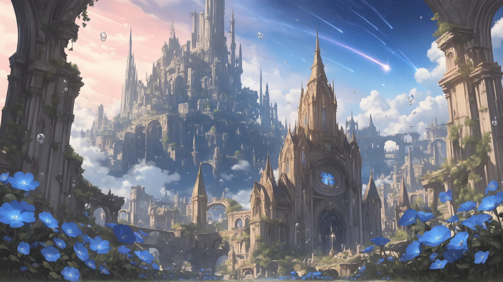 fantasy style illustration,(masterpiece, top quality), (very detailed, top quality, official art, beautiful and aesthetic: 1.2), 1 , seabed, View from the ruins ,Air bubbles, Sparkling ,city, growing, Blue Flower, shooting star