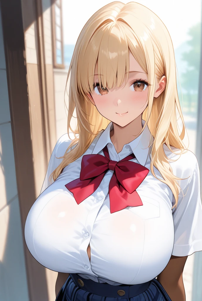 (lactation through clothes:1.1),nipples standing,(nipples peek:1.4),(masterpiece:1.4)、(highest quality:1.4)、ultra high resolution、beautiful features、20 year old woman、blonde bun hair、black long sleeve collared shirt、plaid pleated skirt、black tights、(huge breasts:1.2)、red face、smile、stand against the wall,((nipples are visible))