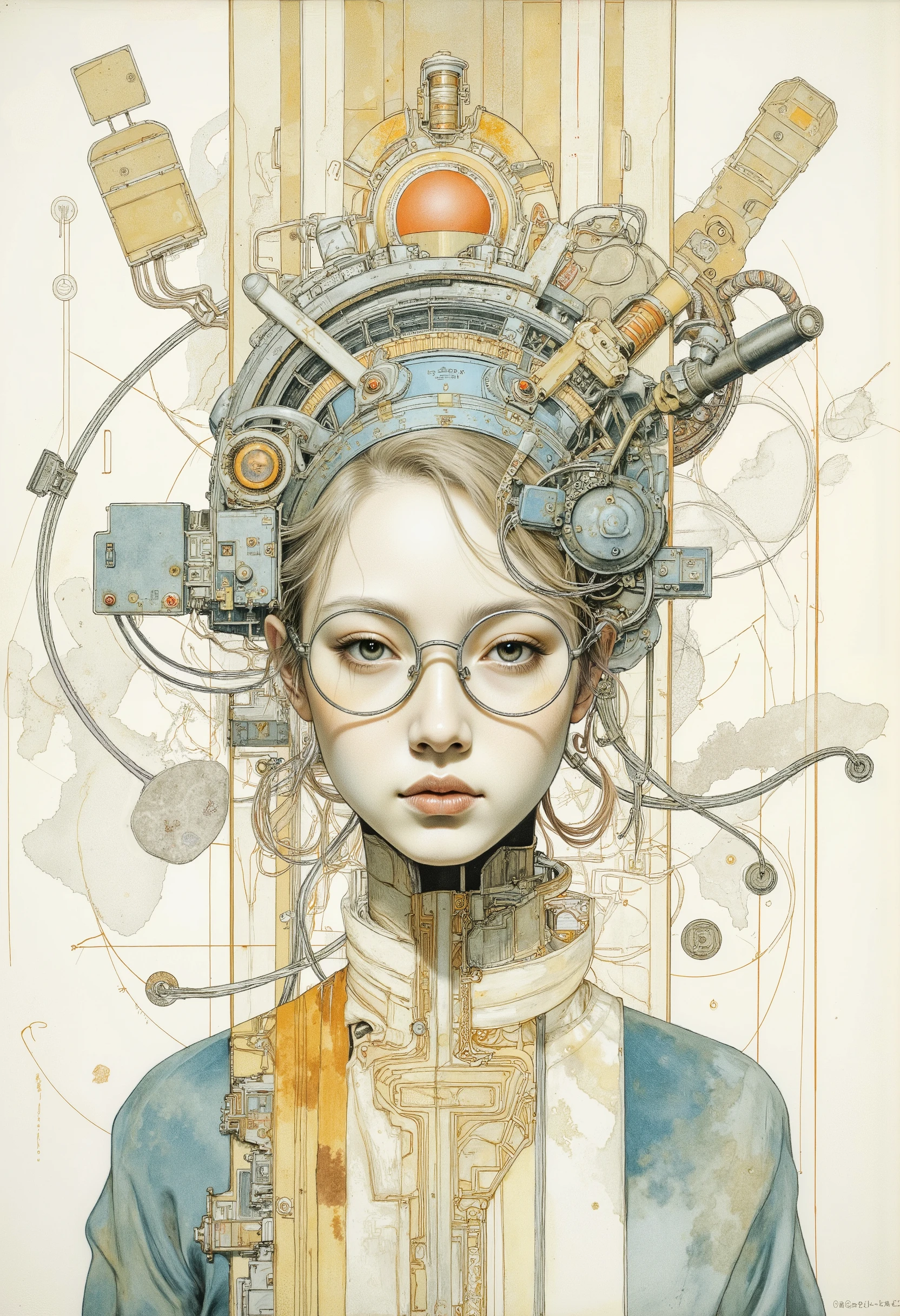 There are pictures and books of girls wearing glasses, Inspired by Katsuhiro Otomo , otomo katsuhiro style, by Otomo Katsuhiro, pale and colorful architectural drawings by Yanagawa Nobumasa , Katsuhiro Otomo style, Artist: Otomo Katsuhiro, Dynamic Guidance Art, Dynamic Guidance Artwork, Otomo Katsuhiro