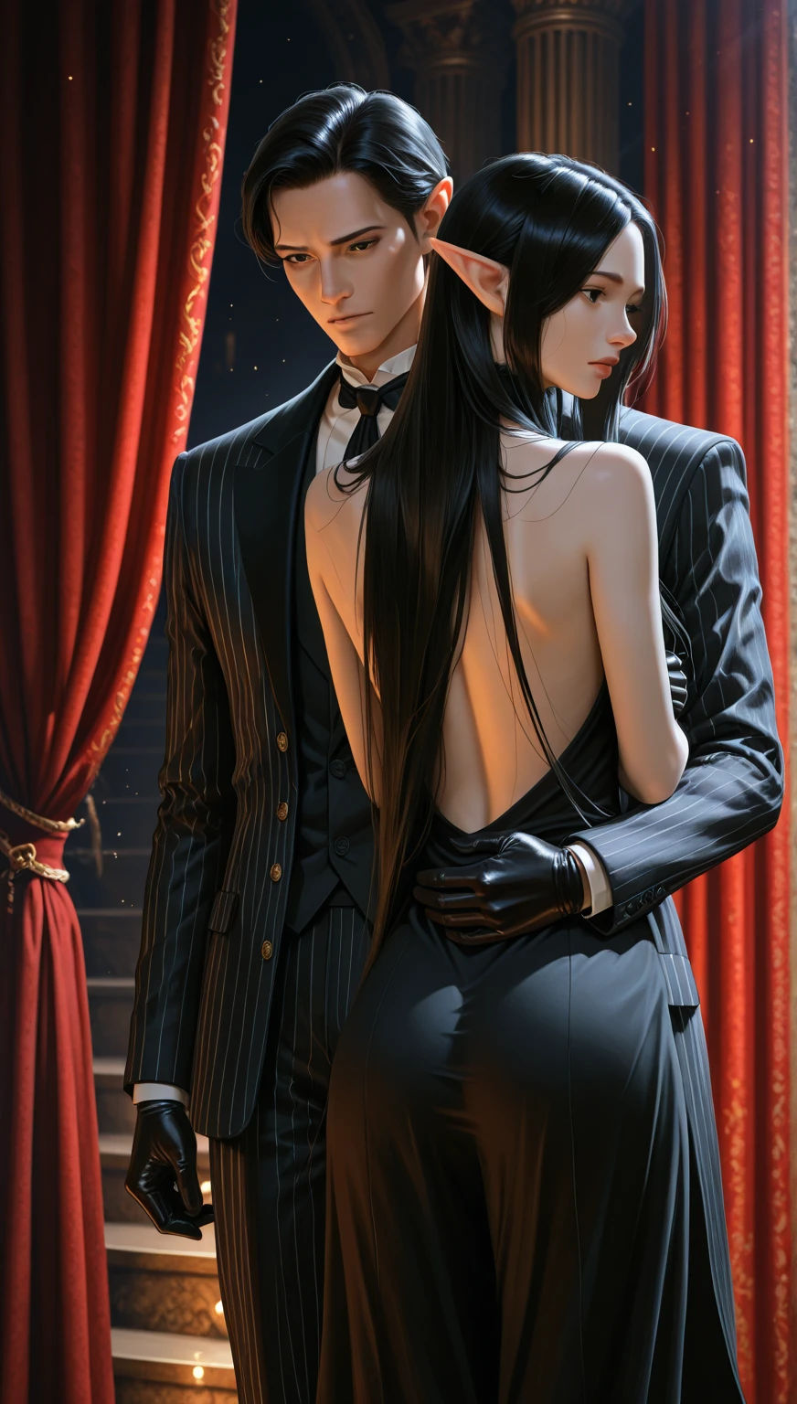 ((Full body):2) {((a woman and a man):2)}; {Only one woman}:{((She is wearing extremely sexy black maid outfit extremely tight and short in the body, with very short and tight white skirt):1.5), She has ((very short purple hair and sparkling green eyes ):1.5), She has ((extremely large breasts):1.5), She is ((looking at the viewer, smiling):1.5), She is ((striking an erotic pose):1.5)}; {Just a man}:{((He has short brown hair, blue eyes, is wearing a black suit, long dress pants):1.5), He ((is holding tightly):1.5) her, grabbing her by the waist}; {Background:((In a well-lit hotel, crowded with people of different ethnicities and clothing):1.5)}, Hyperrealism, 16k, ((best quality, high details):1.4), anatomically correct, UHD, masterpiece, ambient lighting