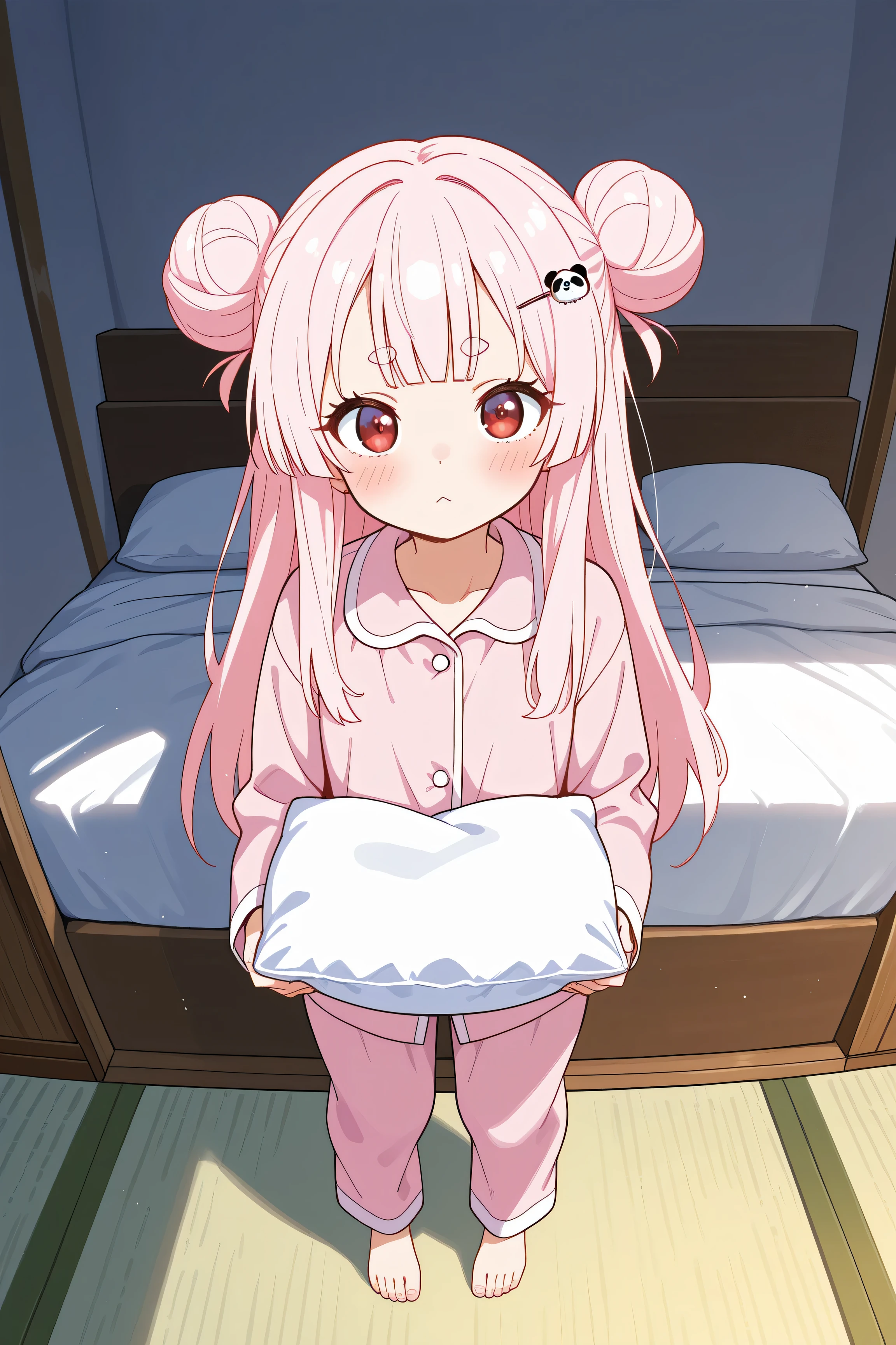 masterpiece, best quality, high resolution,4K, highly detailed, ultra detailed, ((detailed beautiful eyes)), full body, Alone, 1 girl, light pink hair, small double bun hair, half twin hair, long hair, hime cut, thin oval eyebrows, Red Eyes, ((bangs Panda face hairpin)), pajamas, Inn tatami room, A covered futon, Grab the pillow and hold it, Pillows flying around