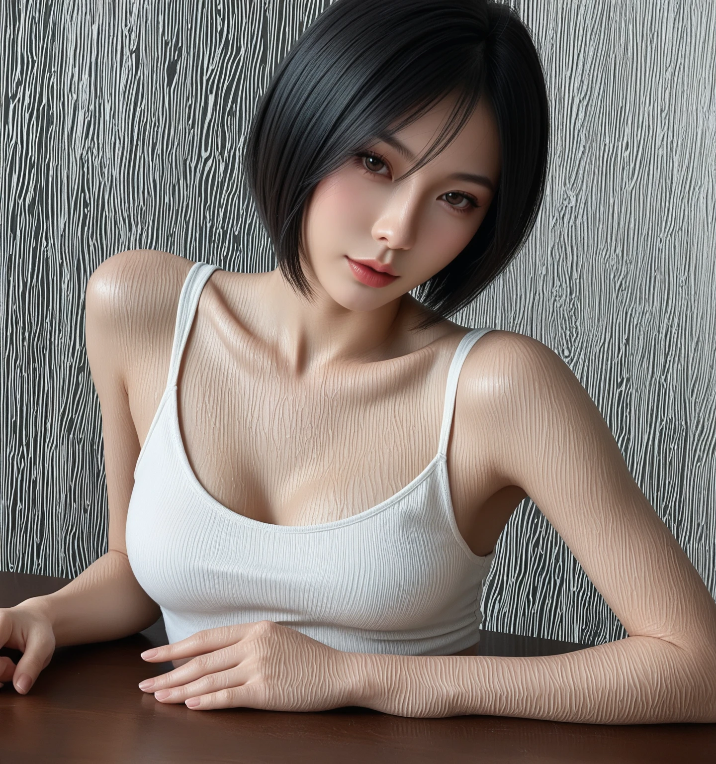 ((Top Quality, 8k, Masterpiece: 1.4)), japanese woman, ((short bob cut, skinny:1.4)), ((30 years old:1,0)), ((looking at viewer:1.4)), inside bedroom, ((white tank top:1.4)),