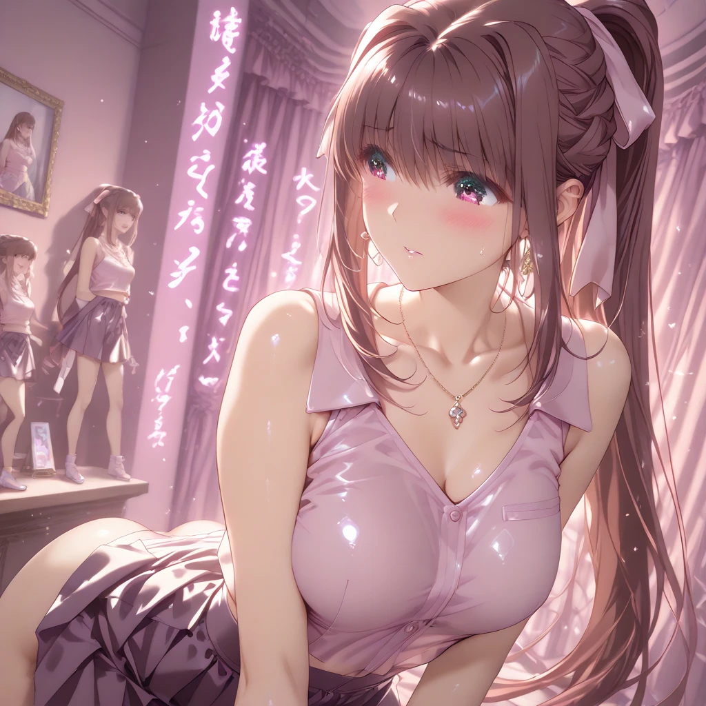 (top-quality: 1.3), (masterpiece: 1.3), (The ultra-detailliert: 1.3), (wall-paper, one girls: 1.1), (Hair drops:1.1)、(Detailed hands and fingers:1.2)、(Detailed ultra-oily shiny skin:1.1)、oily shiny thighhigh、(Beautiful pink bodycon dress:1.2)、The skirt part goes to the base of the thigh.、Raw feet、(nightclubs:1.3)、(Brown hair:1.3)、ssmile、(Beautiful Large Breasts:1.4)、Longhaire、waved hair、Beautiful sister、Dancing、Jumping Disco、mirror ball、(cum on the body:1.8)