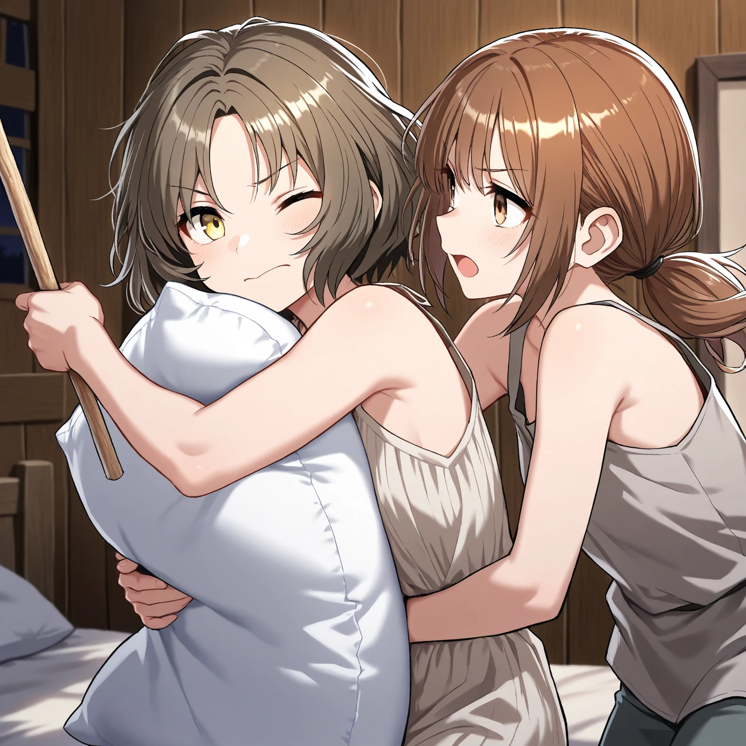 1boy,foot on vagina,1girl,trembling,indoor,bedroom,Lying on your back,Close ~ eyes,orgasm,Dripping saliva,in heat,White camisole,Ruffled Skirt,Brown Hair, short hair, ponytail,Flat Chest,