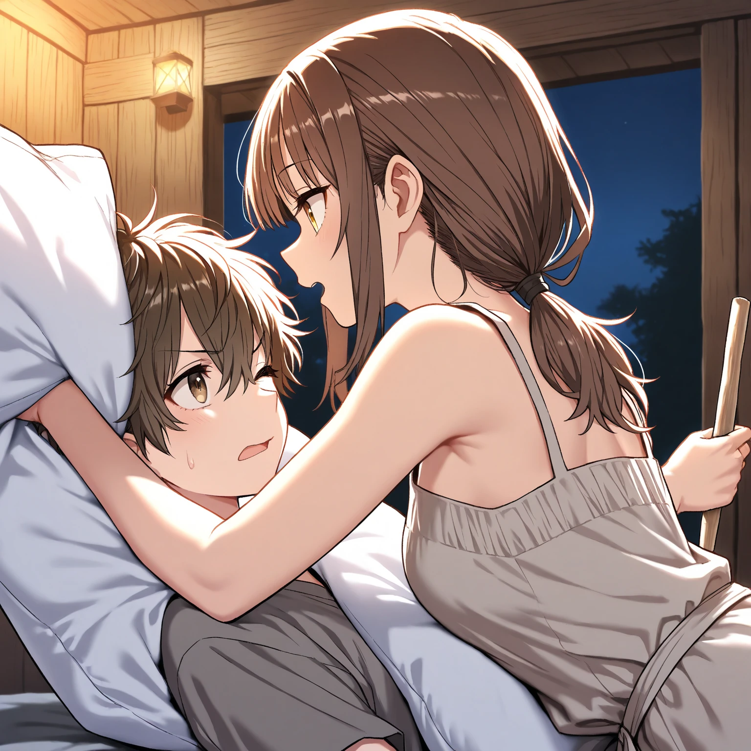 Highest quality, High resolution, masterpiece, (Beautiful Eyes), (Fine grain), Detailed face, kumiko oumae, Brown eyes, Brown Hair, short hair, Wavy Hair, smile, blush, indoor, bedroom, White bed, (Wide pelvis:1.5), (Thick thighs), (9year old small boy), (Holding a boy:1.5), nsfw