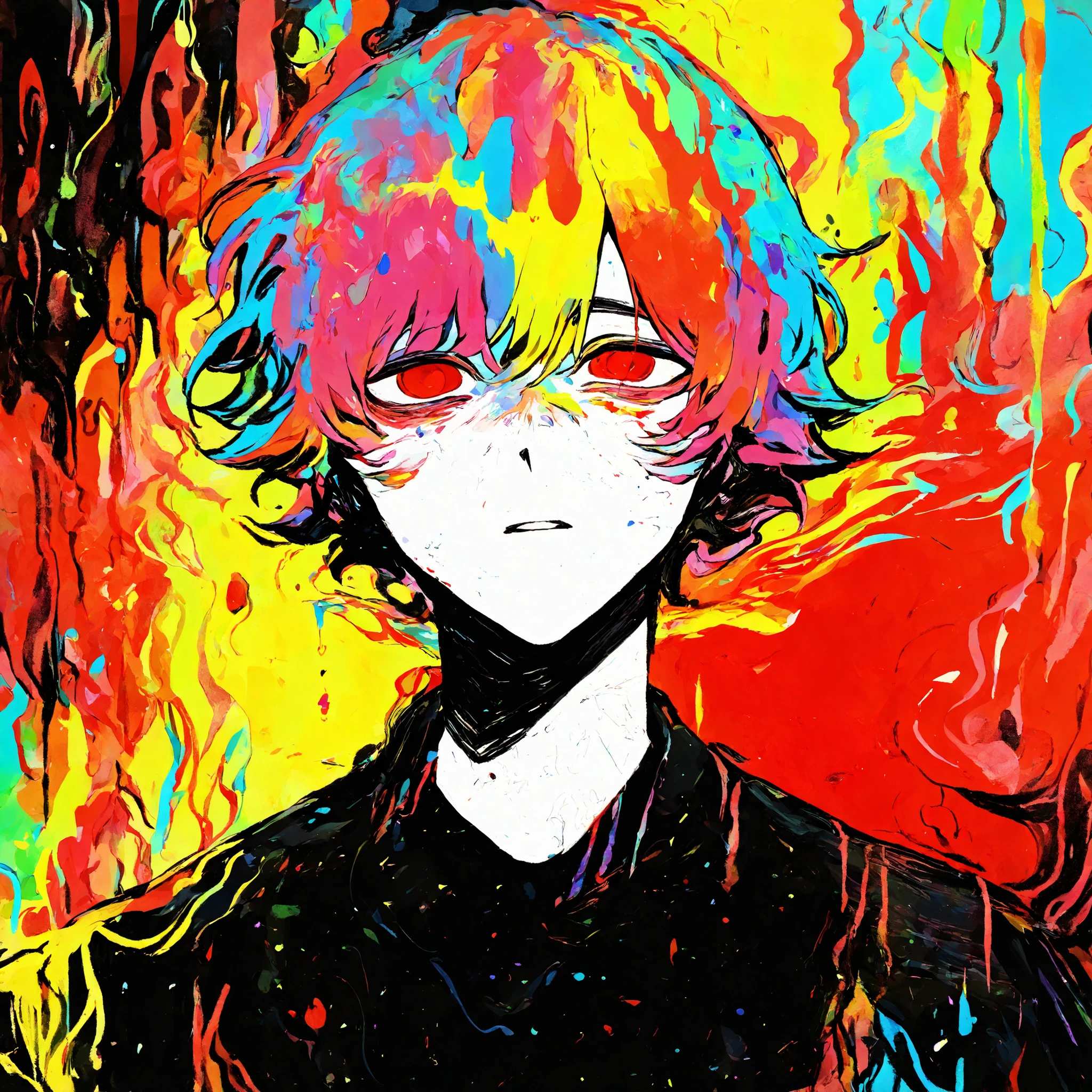 perfect composition, Very awa, jaggy lines,  Limited color, spot color,  colorful, acid_trip, abstract background, Limited color, traditional media, Depression angle,  perspective deformation, facial focus,
1 boy, Upper body, unique,  Colored hair，Fluttering short hair, red eyes, opened her eyes, 