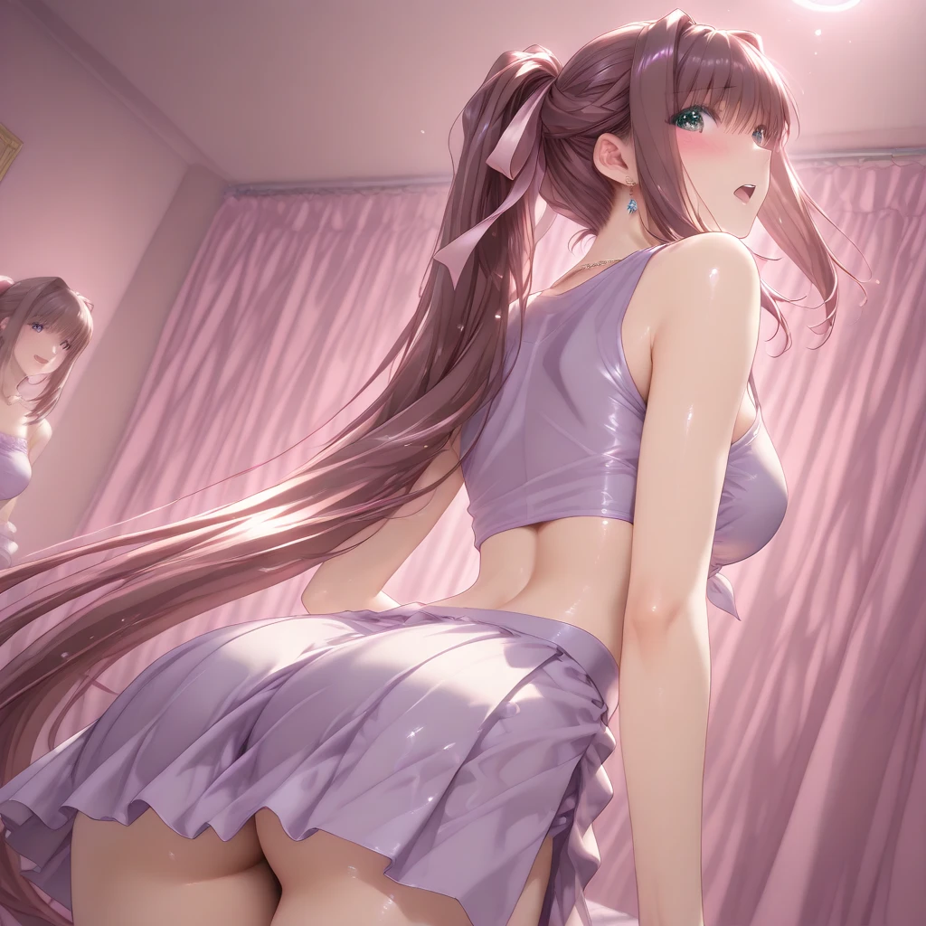 Upper body、One Girl、I have pink and black hair、2 Tone、Hair Bun、Very large breasts、topless、No clothes、Full nudity,Big butt、Cleavage、Backward view、Protruding buttocks、、Japanese anime style,By the pool、Night Scenery、Beautiful fireworks in the night sky、