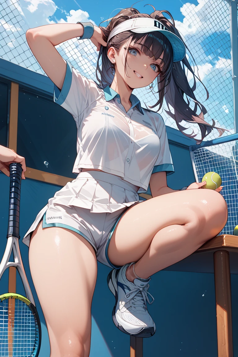 (software:1.5), (Tennis Wear、Skort)、Dark brown wavy long hair、Droopy eyes, Thick thighs, Such an ass, Liar, bed, Open crotch, Dettol, Spread your legs, Show your side, Down the Out、Tears are overflowing、Glasses、(Dynamic pose)、Untidy body、Dynamic Angles、Turning around、Big Ass