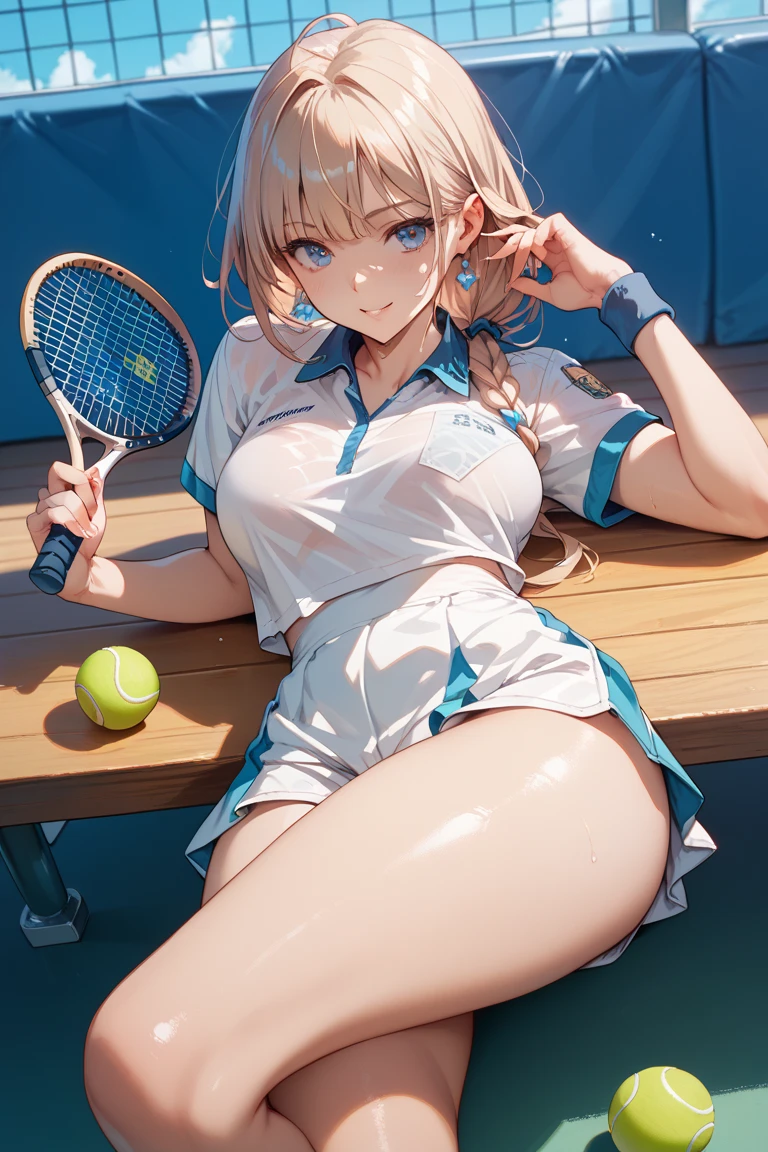 One girl, alone, White polo shirt, White sneakers, Tennis Wear, White mini skirt, masterpiece, Highest quality, Very detailed, (Glowing Skin, sweating:1.4), Long blonde hair, Silver Eyes, thin, Dynamic light and shadow, High resolution, Sharp focus, Depth of written boundary, Beautiful Eyes, pupil sharp, pupil , (thigh: 1.0),