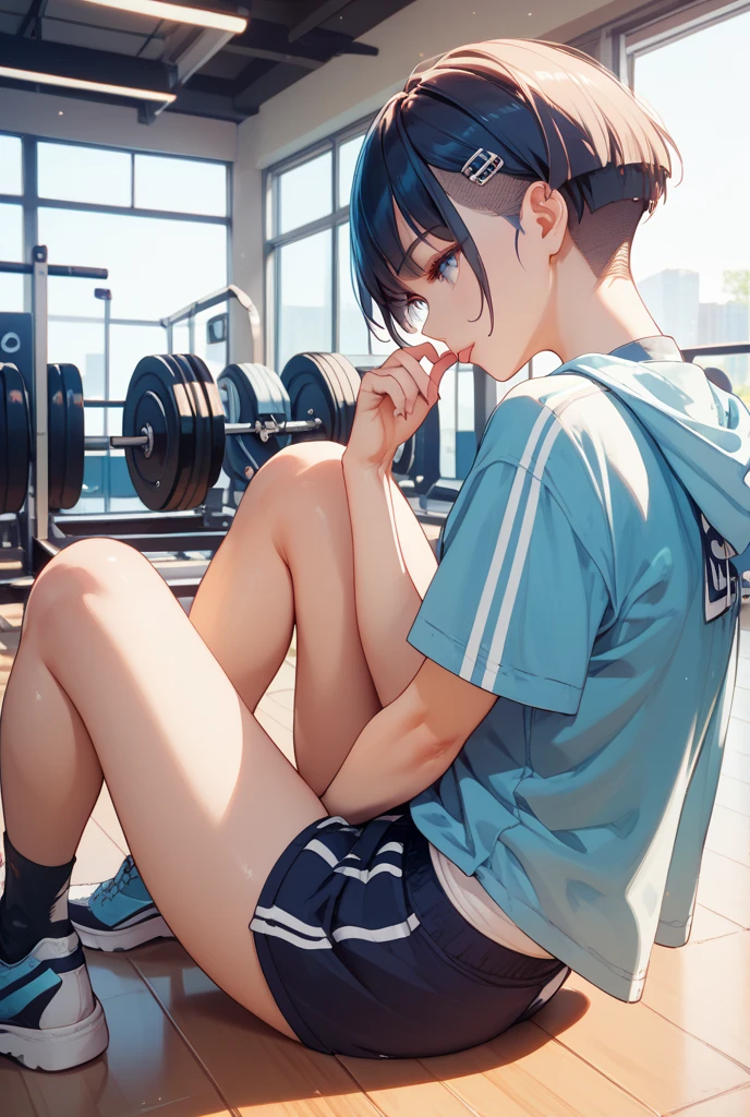 Male and female couples　Girl sitting on chair in school swimsuit。Boys hugging each other from behind。Boy in school swimsuit with mash cut hairstyle。Without glasses