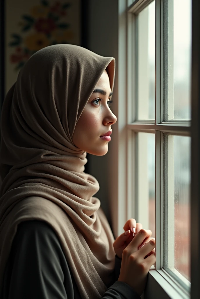 35mm film photography, Young Indian lady in a light gray hijab, back pose in a cozy indoor setting, lighting, evening ambiance., high detail, black and white monochromatic palette, grey scale, close-up shot, short distance, dramatic dutch light, 