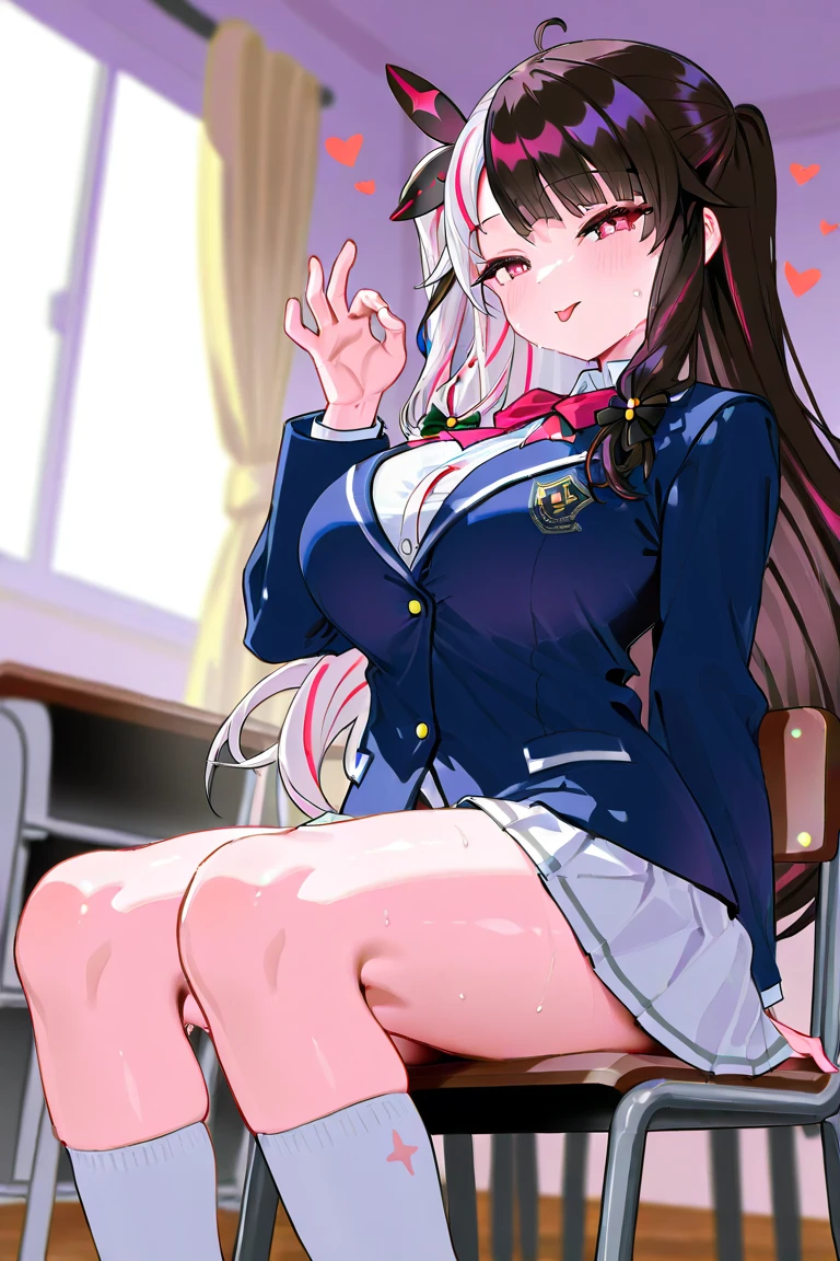(nsfw),masterpiece,ultra detailed,sharp focus,4k digital art,high resolution,(double peace,peace sign,v sign with both hands:1.5),(suffering and blushed:1.5),bukkake,(adult beautiful face,curvy female),(face focus:1.2),navy blazer,pleated skirt,bow tie,(black hair,medium straight hair),tongue,at natural public park,night,outdoor,night light,(sweaty:1.2),grinning,cum on face,(trembling,flying heart-shapes),(squatting and spreading legs),open mouth,pubic hair