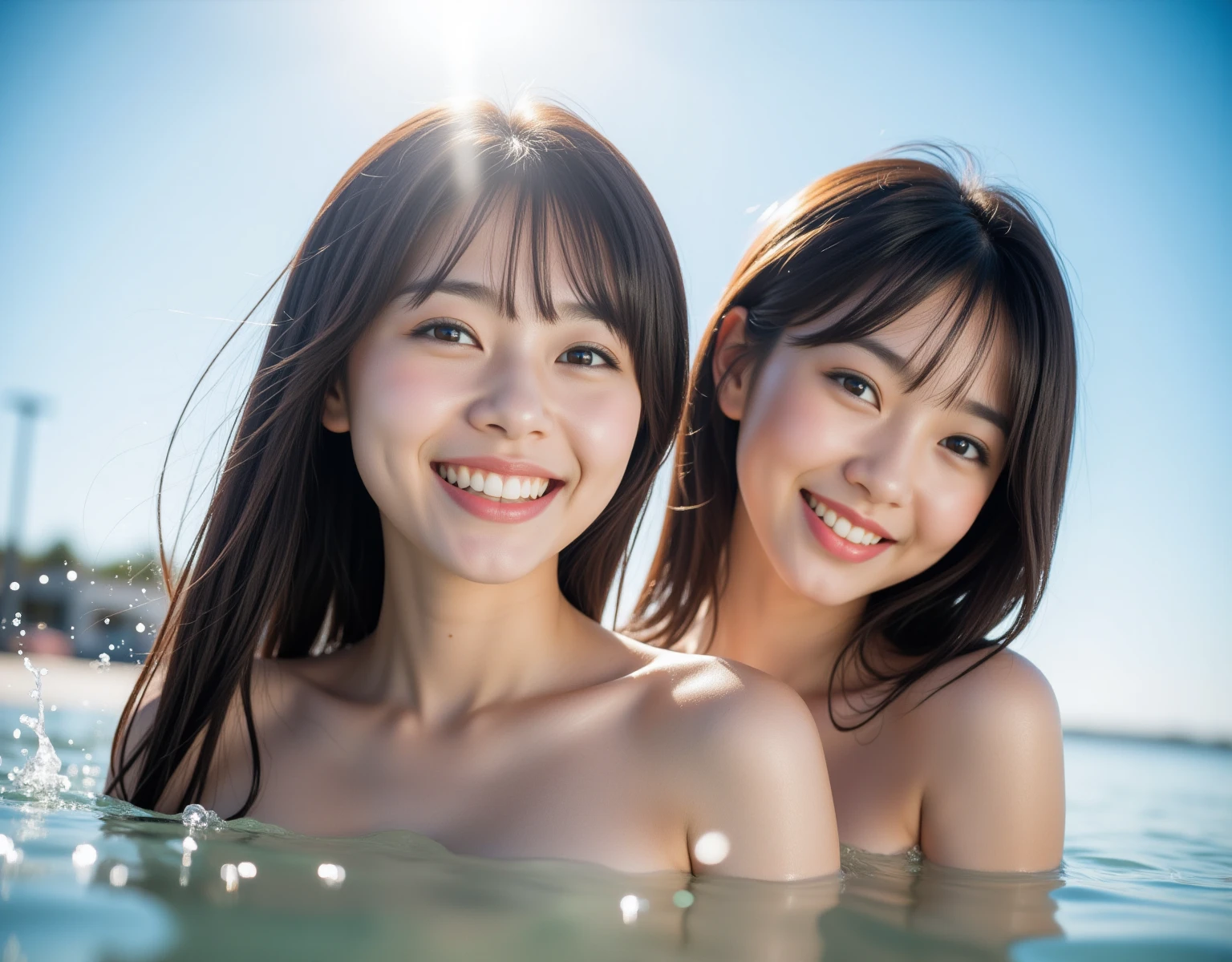 Shoulder-deep immersion in seawater on the sandy beach:2,girl with:2、laying on back:2、viscera、