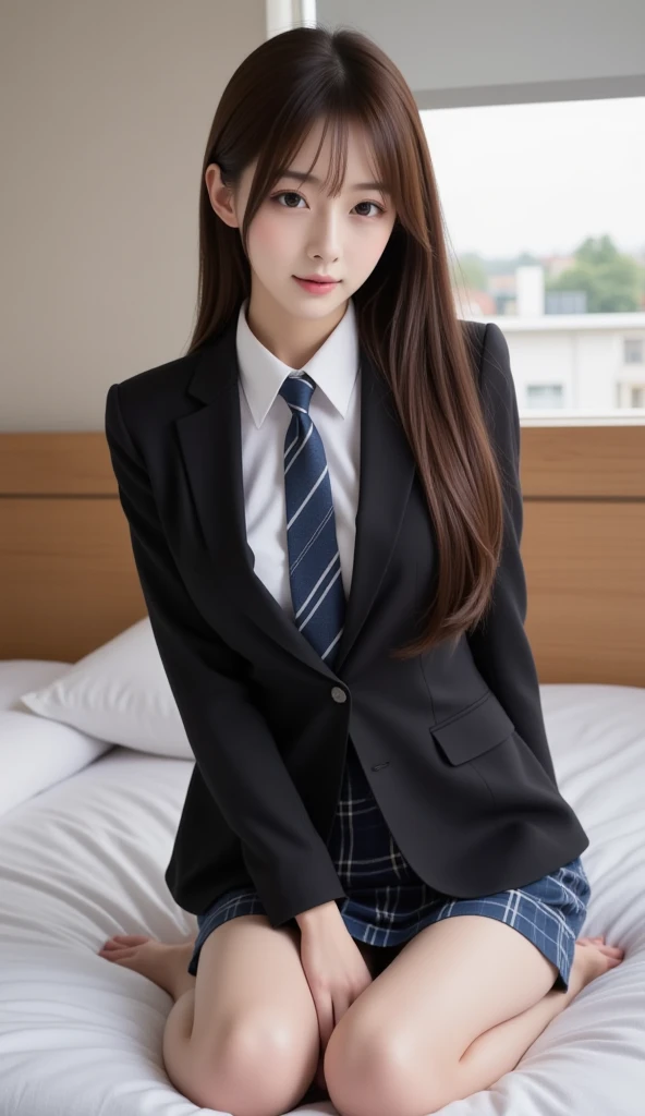 (8K), (highest quality: 1.2), (realistic), (realistic: 1.37), ultra high resolution, 1 girl, cute, smile, closed mouth, beautiful details, beautiful nose, wet hair, giant dulcefo, pork, thighs，self snap,University Student Uniform,simple blazer,pleated skirt,high socks,bed,spread your legs ,skirt lift, From above
