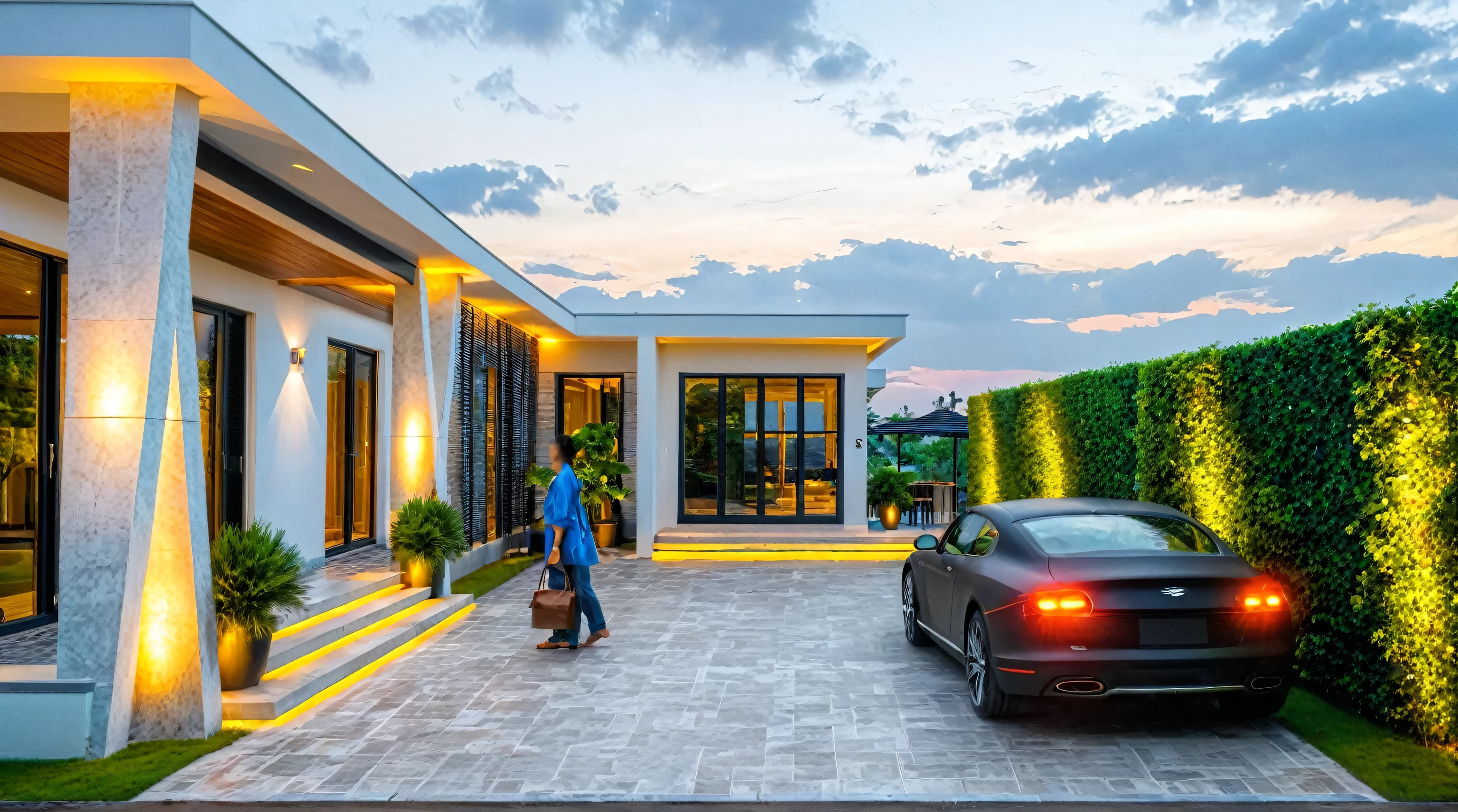 Modern house, wooden main door, black aluminum glass door, warm interior lights, exterior wall lights, faux stone paint in the entrance hall,Masterpiece, high quality, best quality, authentic, super detail, outdoors, onestoreyvillaXL, aiaigroup, grass, trees, sky, cloud, (daylight:1.1)
