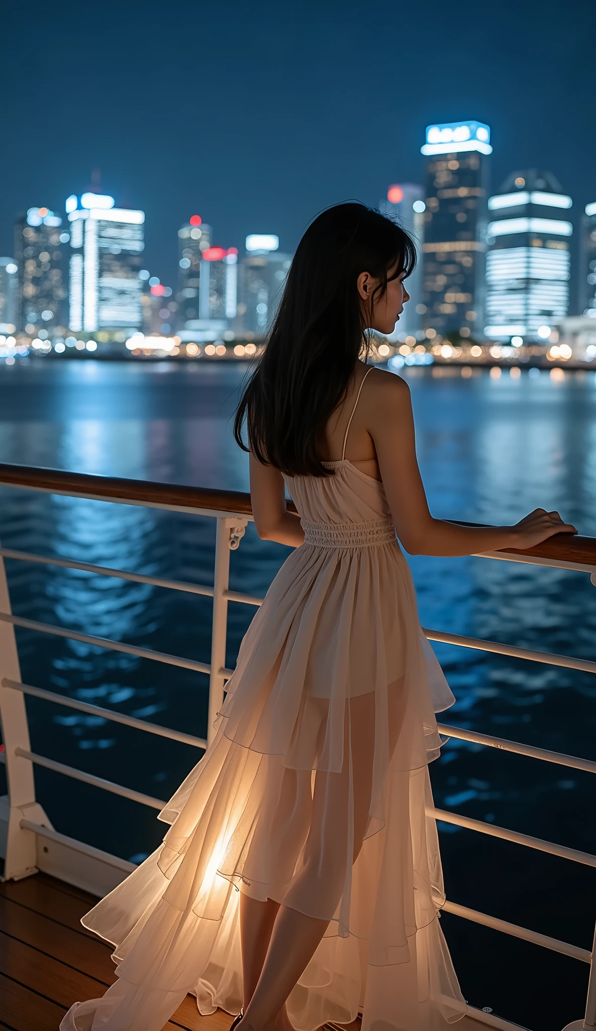 ((Full body shot from behind at an angle:1.5))、(Petite Young Japanese Woman)、Midsummer Night、Marine cruiser deck、Night view of Tokyo buildings on the other side of the ocean、((holding onto deck railings and watching buildings))、Building lights and neon lights、((black sleeveless long dress with ruffles on collar and sleeves))、((The garment is made of sheer material and chiffon))、((The hem of the skirt flutters big in the wind))、Black High Heels、piercings、white skin、with beautiful dark hair、Straight long hair that extends to the waist、light makeup、(dynamic pose:1.4)、(Beautiful huge breasts)、Accurate depiction of hands and feet、RAW pictures、16K、Reality、professional photography techniques、Ultra High Definition、16K、Real Photo