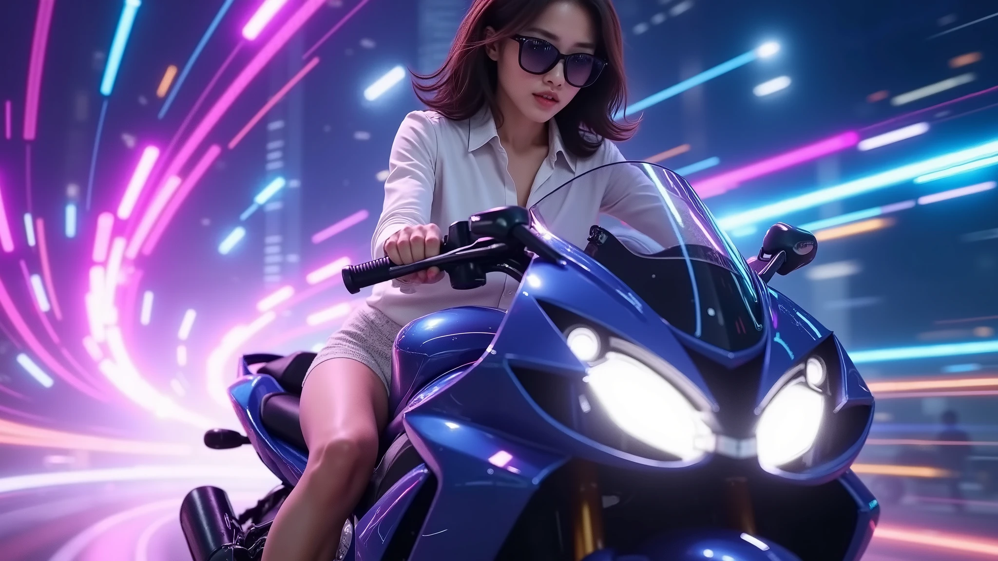 (Very high view). (((a vibrant sci-fi image depicting warp speed, with aurora-like dynamic streams of purple and blue light bursting outward, creating an energetic and immersive 4K Ultra HD abstract curve background, at night))), (((1drone))), photo realistic, (((1 female motorist, solo, speeding with sleek superbike))), large-breast:1.3, slim body, slim face, cleavage:1.1, side boob, (((perfect head))), (extremely short backless sleeveless deep-v transparent:0.5 white shirt dress, lace G-string mini white panty), (((lean forward, motion blur))), (black sunglasses), (aiming with a pistol), half-body knee level close-up shot, cinematic lighting, ray tracing.