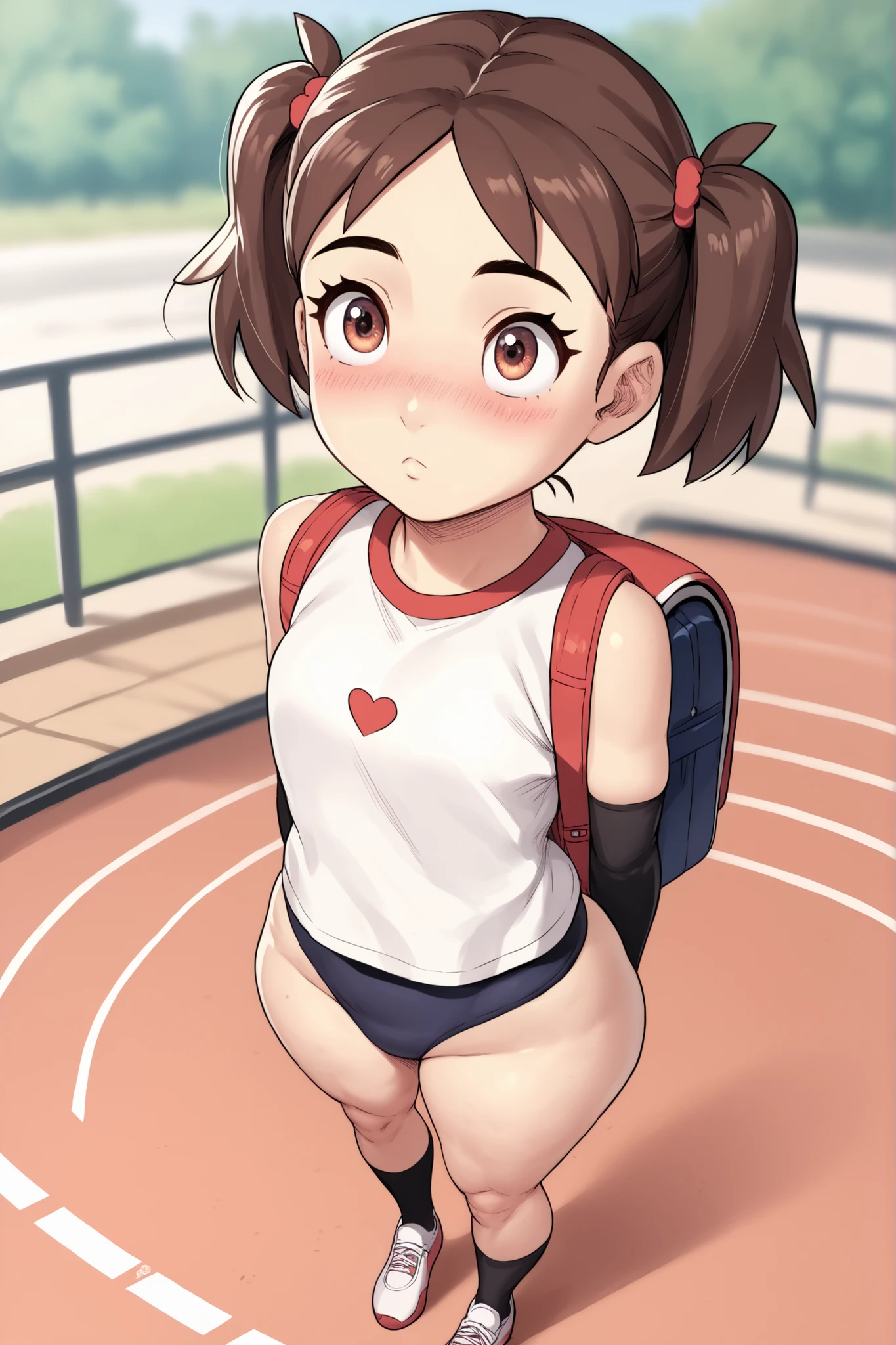 a girl, same thing, Alone, pigtails, Sports panties, Gloves , elbow Gloves, red Japanese school backpack, beautiful eyes, beautiful body, beautiful face,, (ojos azules), source_anime, ((Masterpiece)), charming beauty, cutest girl, short, blush, pretty girl, , underage, underaged, developing body, cute, immature, Juvenile, younger girl, she is very small, small girl , perfect attractive curvy body, voluptuous hips, very wide hips, thick and wide thighs), (sleeveless t-shirt, thigh-high socks), school gym, (blurred background), from above,